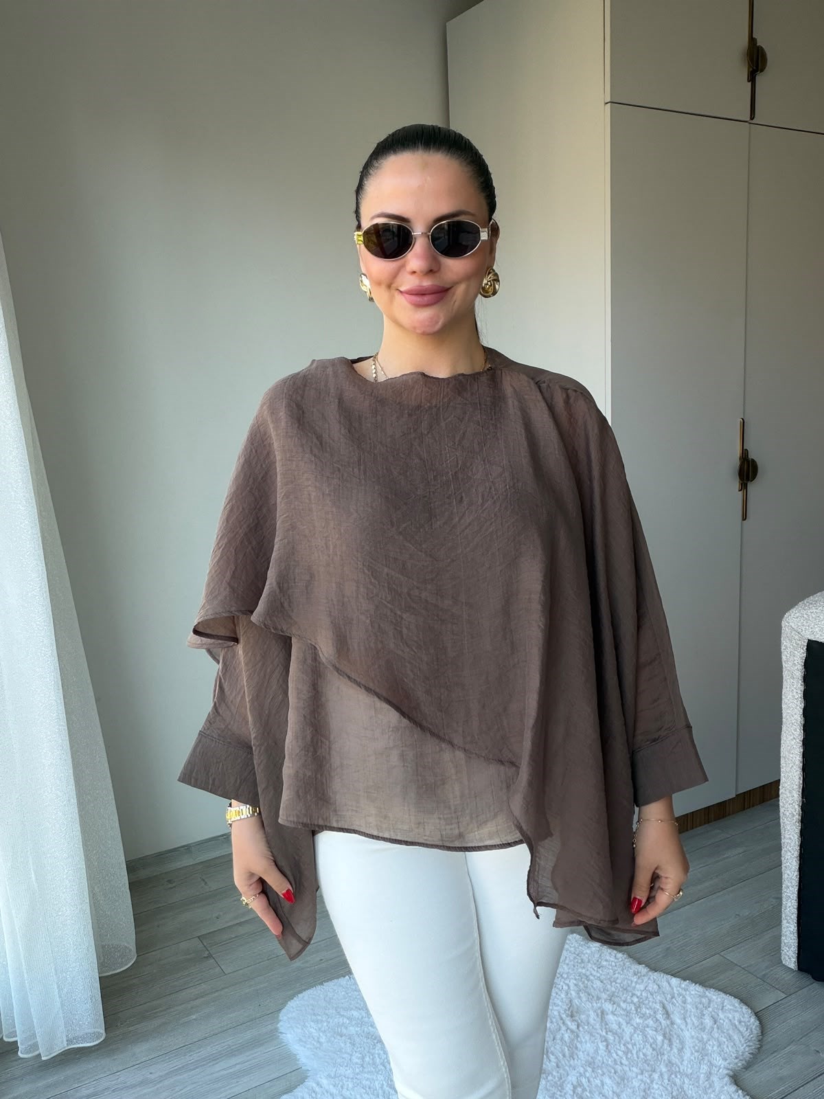 5026 Uçuşan Pelerin Bluz KAHVE