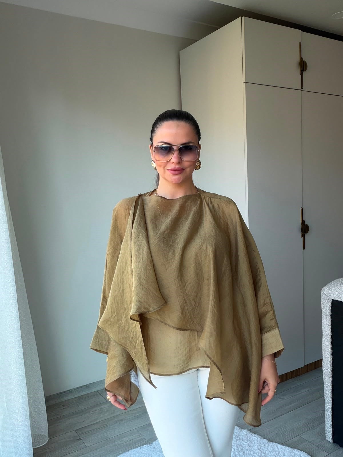 5026 Uçuşan Pelerin Bluz olive
