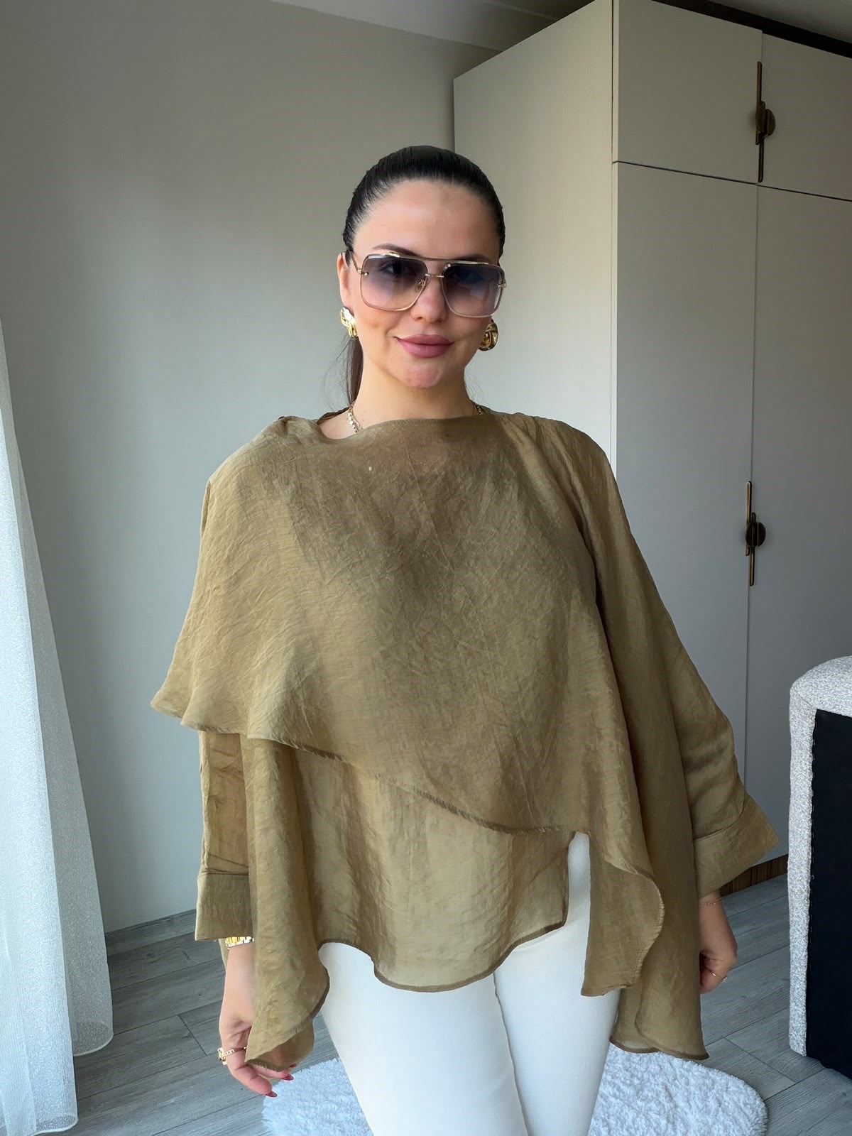 5026 Uçuşan Pelerin Bluz olive