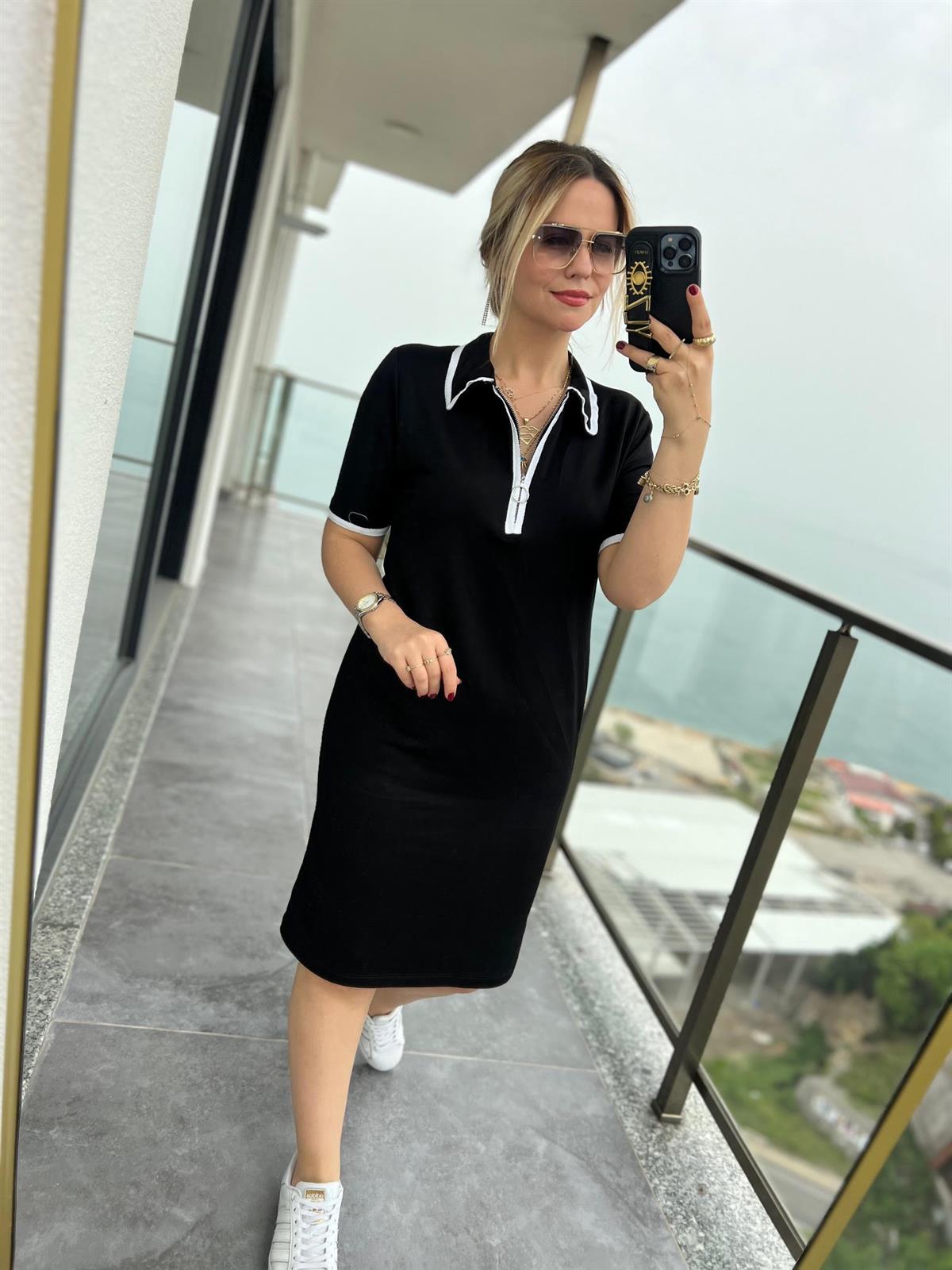 5030 Polo Yaka Yarım Fermuarlı Elbise SİYAH