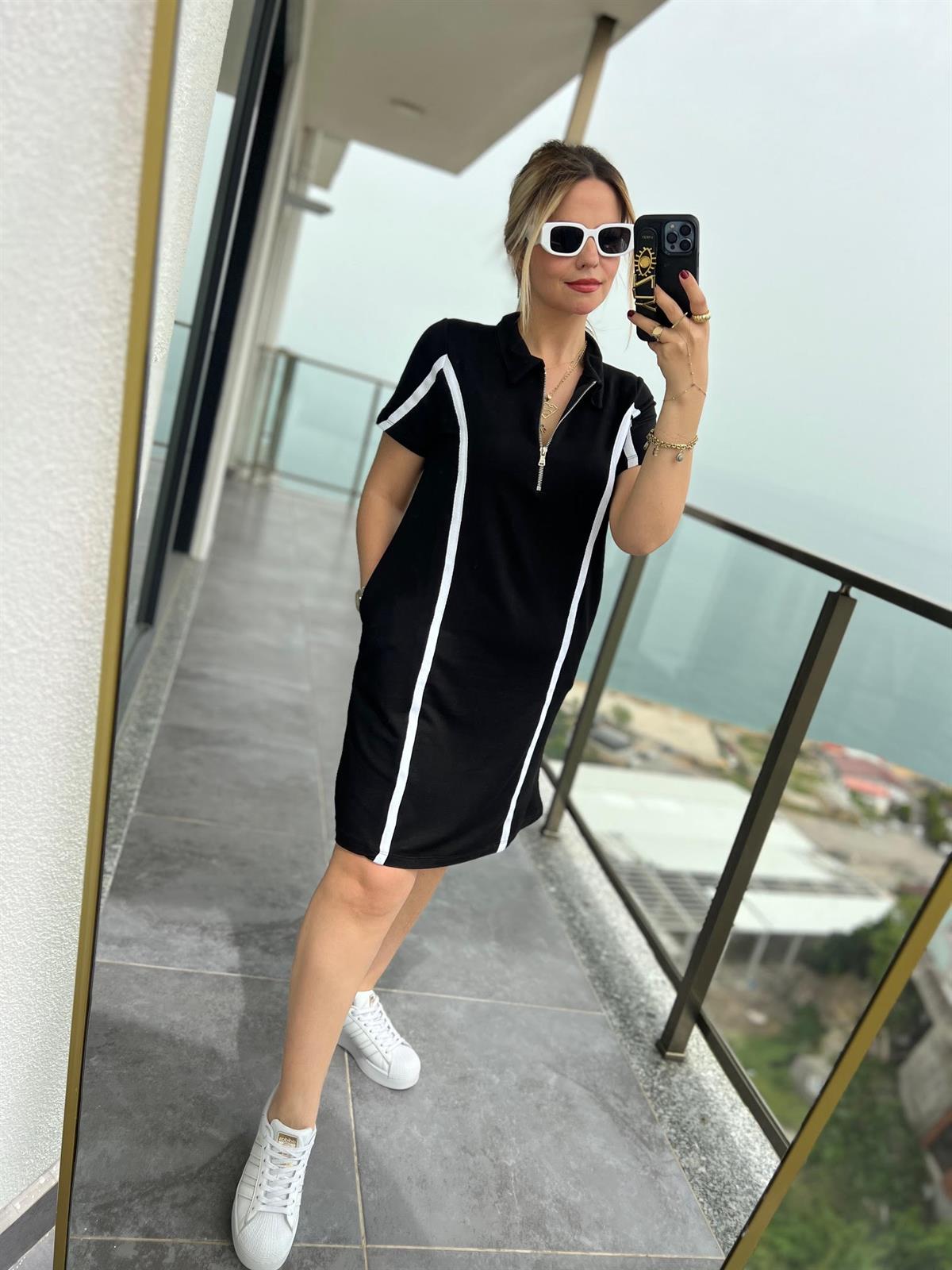 5036 Polo Yaka Şeritli Elbise SİYAH