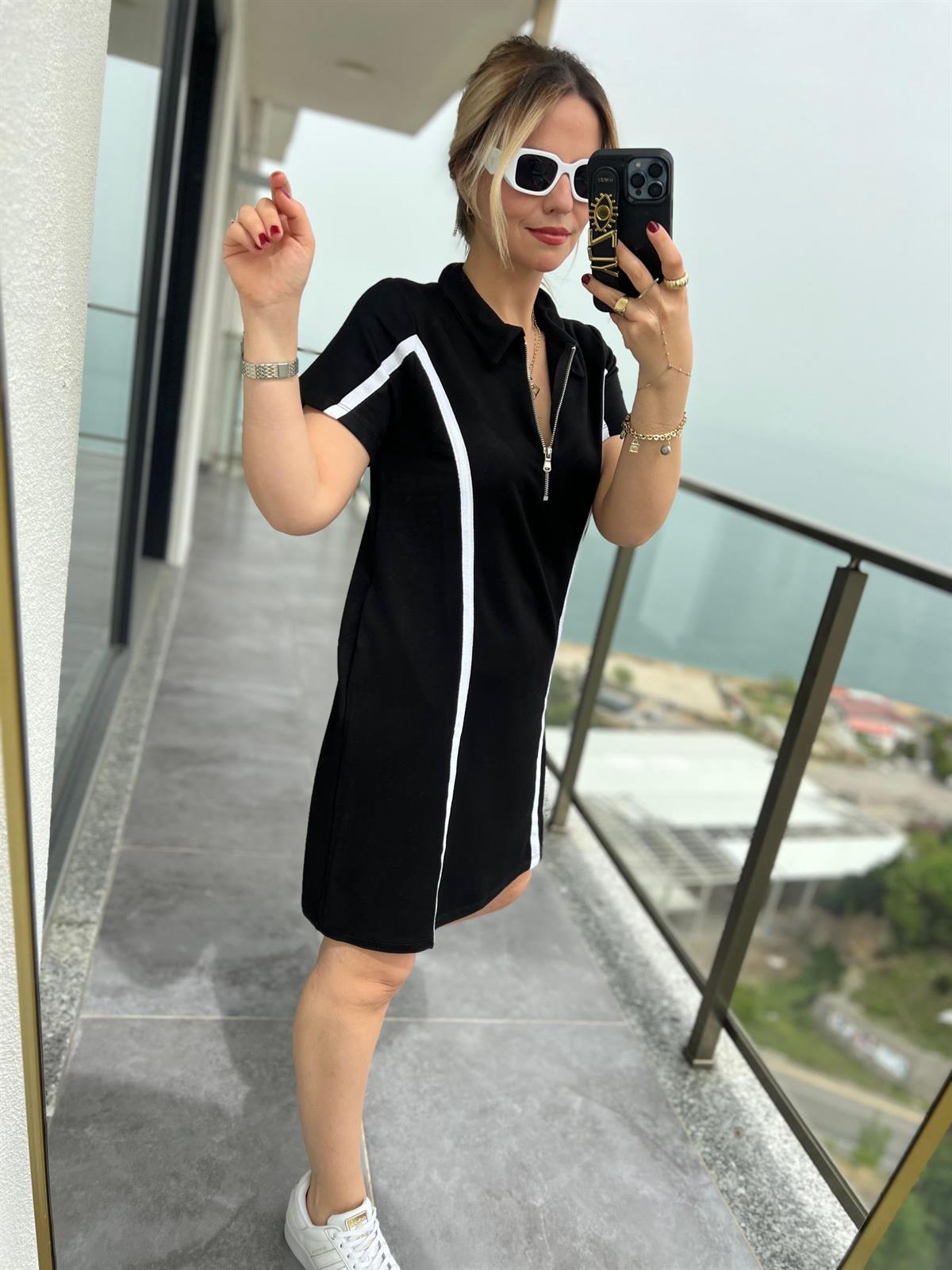 5036 Polo Yaka Şeritli Elbise SİYAH