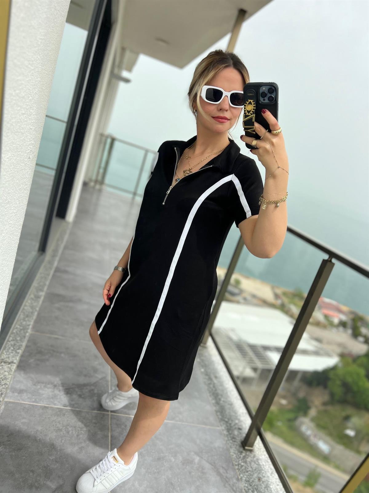 5036 Polo Yaka Şeritli Elbise SİYAH