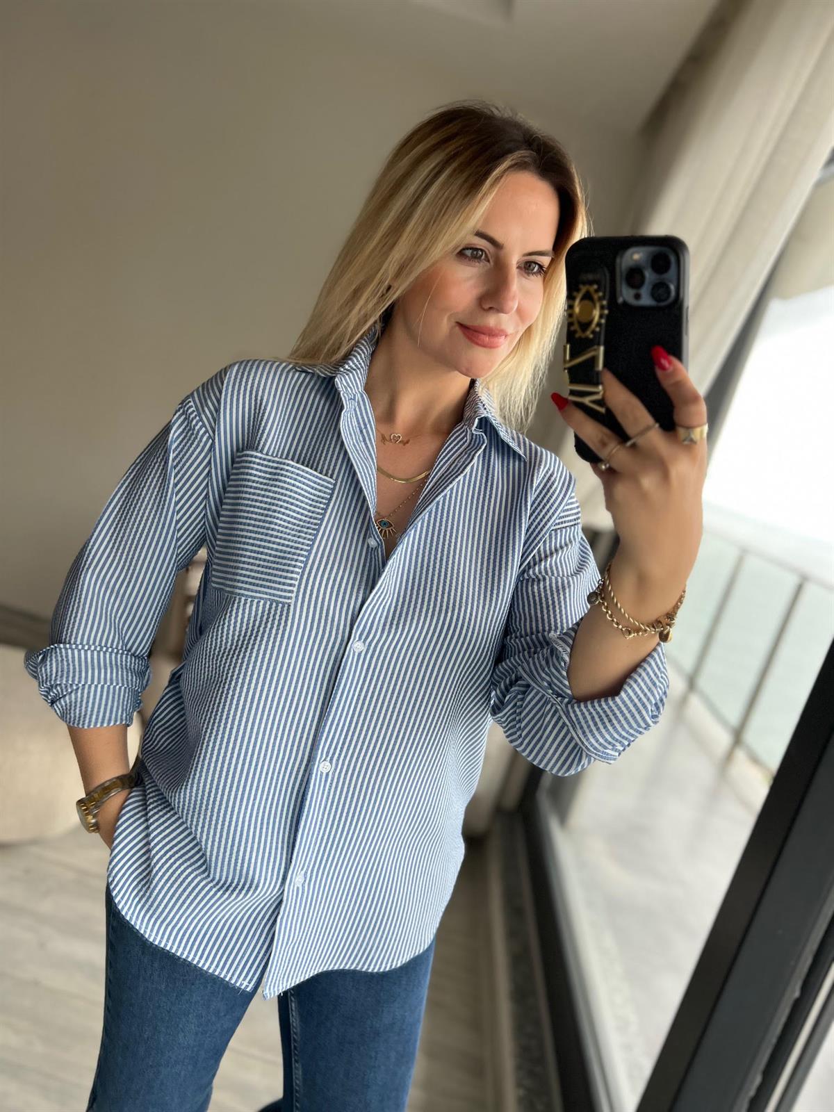 505 Tek Cep Çizgili Gömlek MAVİ