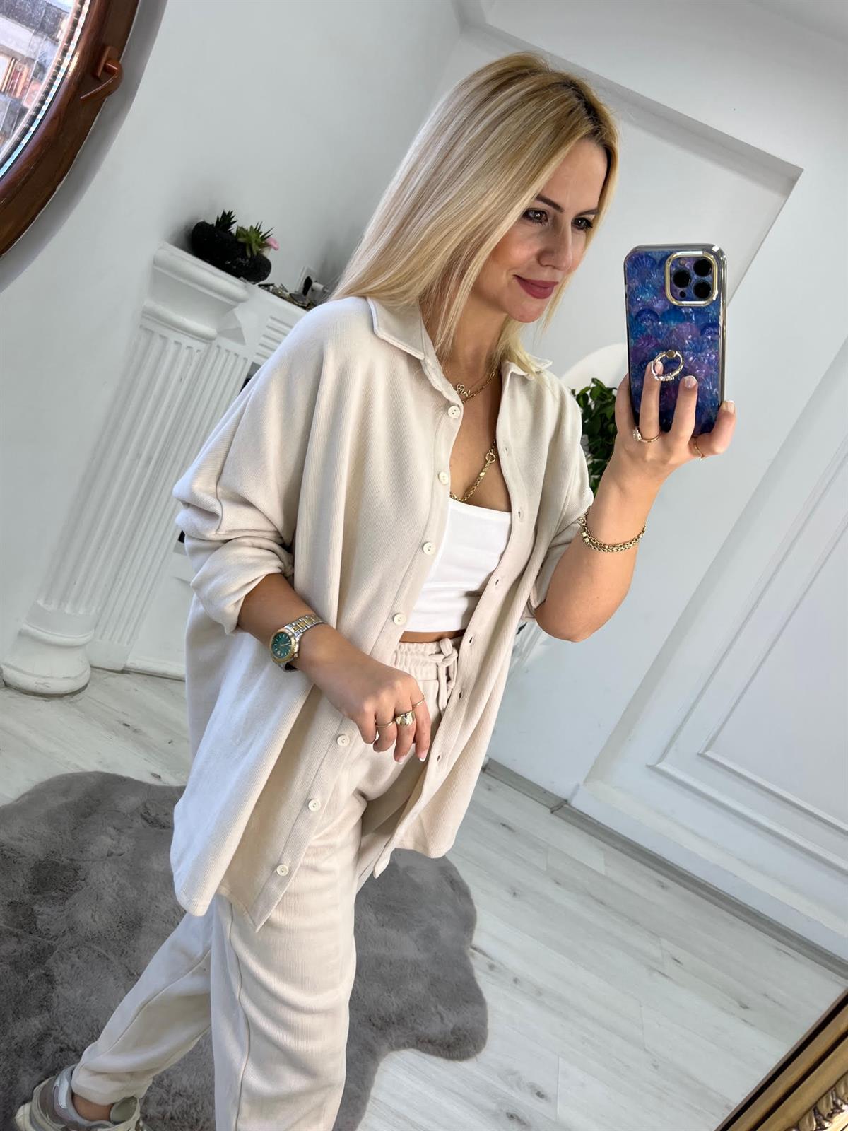50698 Owersize Gömlek Takım TAŞ