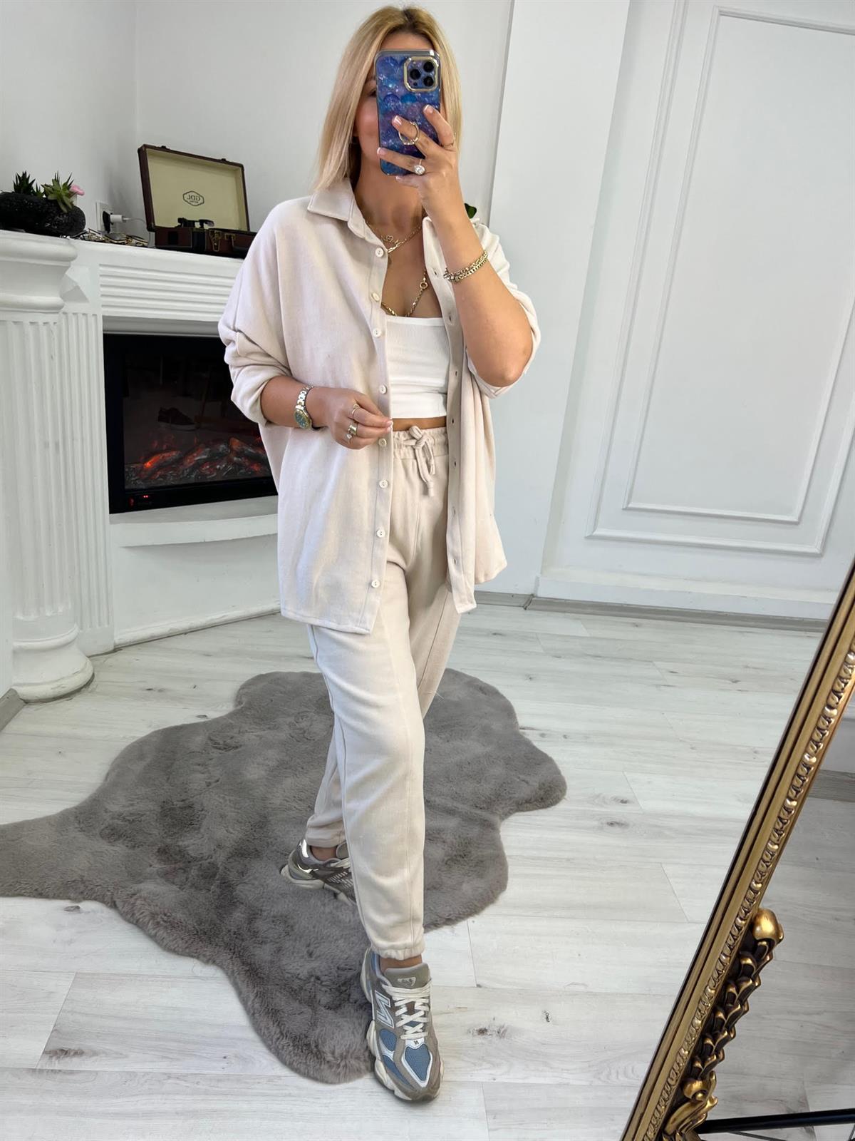 50698 Owersize Gömlek Takım TAŞ