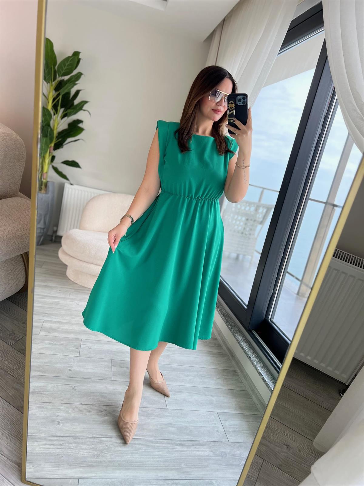 5083 Vatkalı Elbise YEŞİL