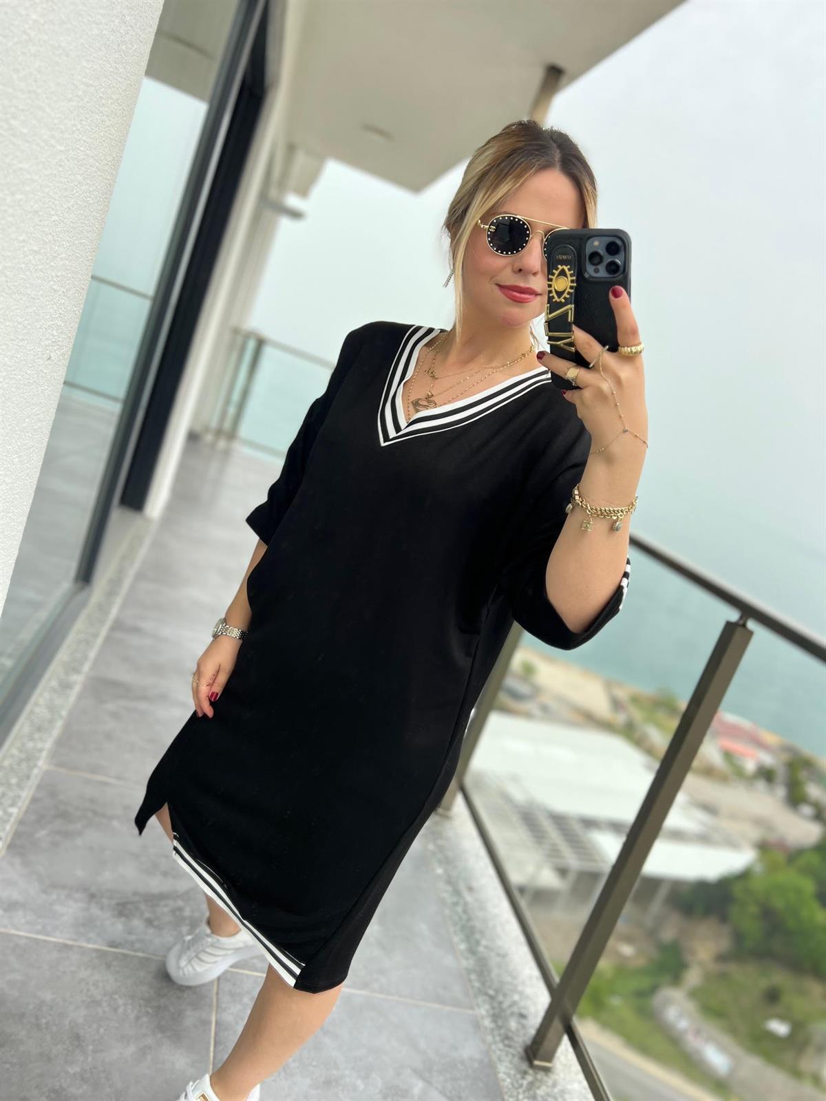 5083 Yaka Kol Şeritli Elbise SİYAH