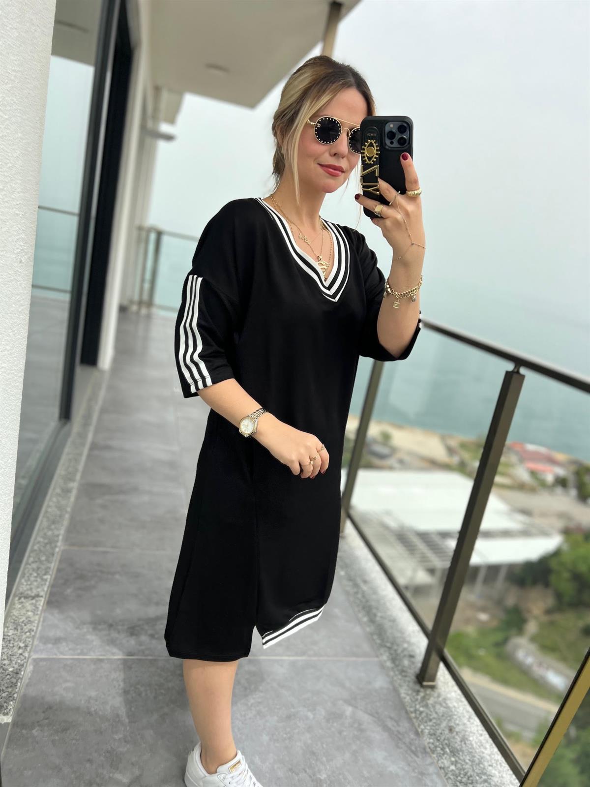 5083 Yaka Kol Şeritli Elbise SİYAH