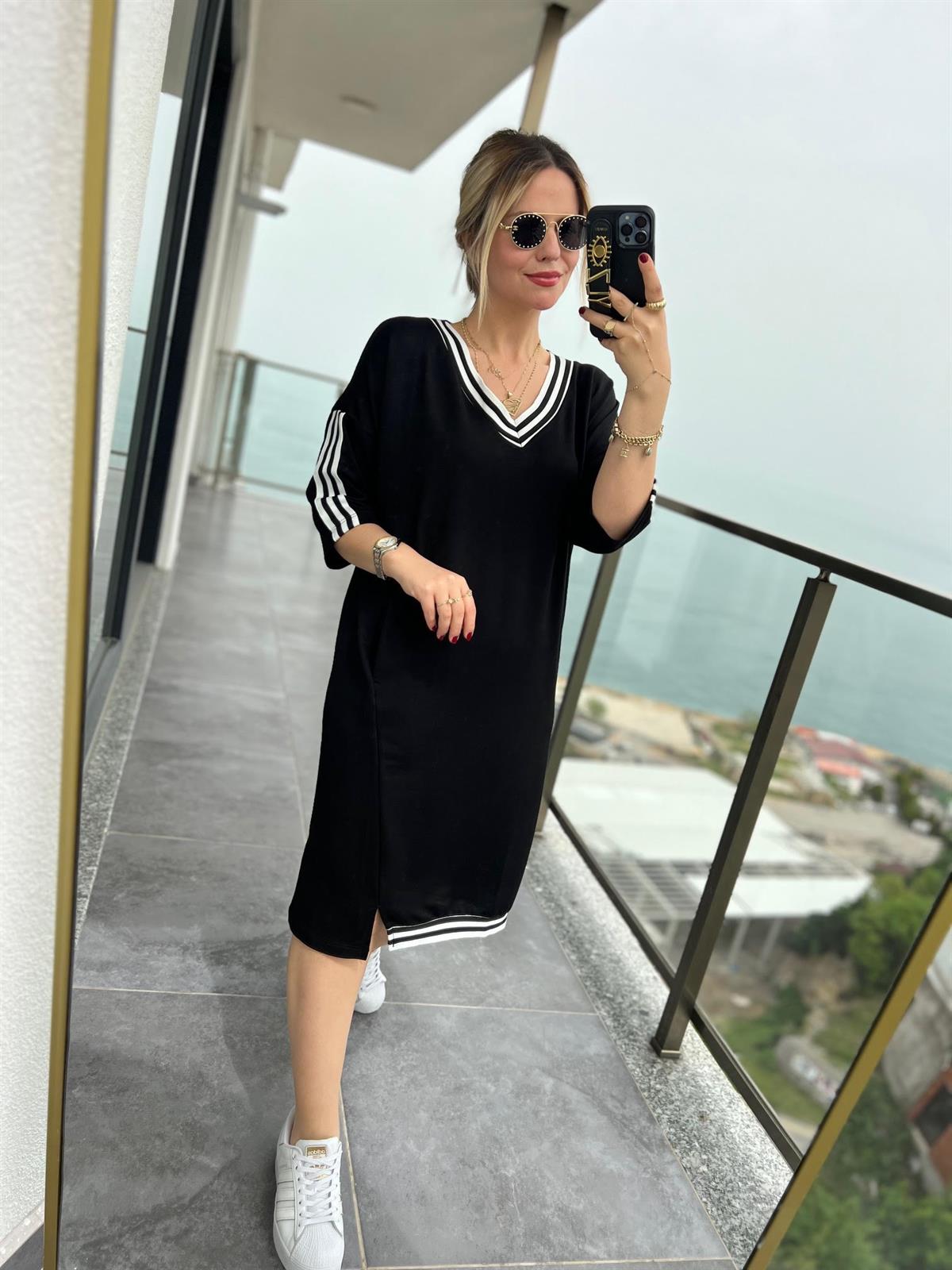 5083 Yaka Kol Şeritli Elbise SİYAH