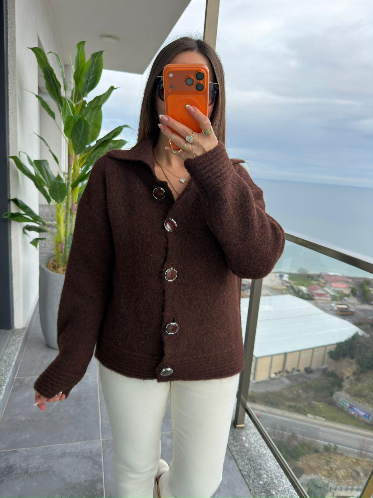 5086 Düğmeli Hırka KAHVE