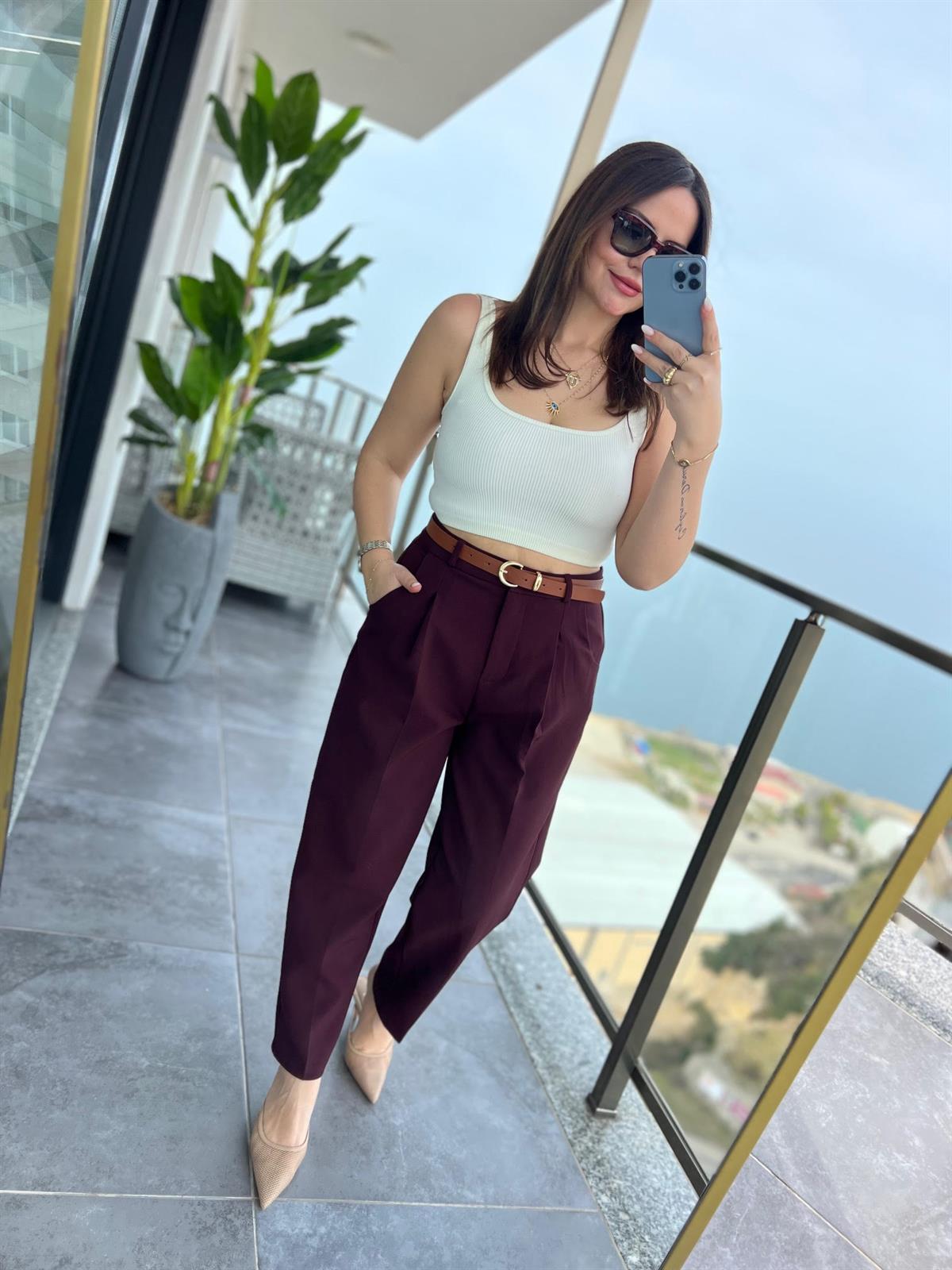 50938 Kemerli Pantalon BORDO