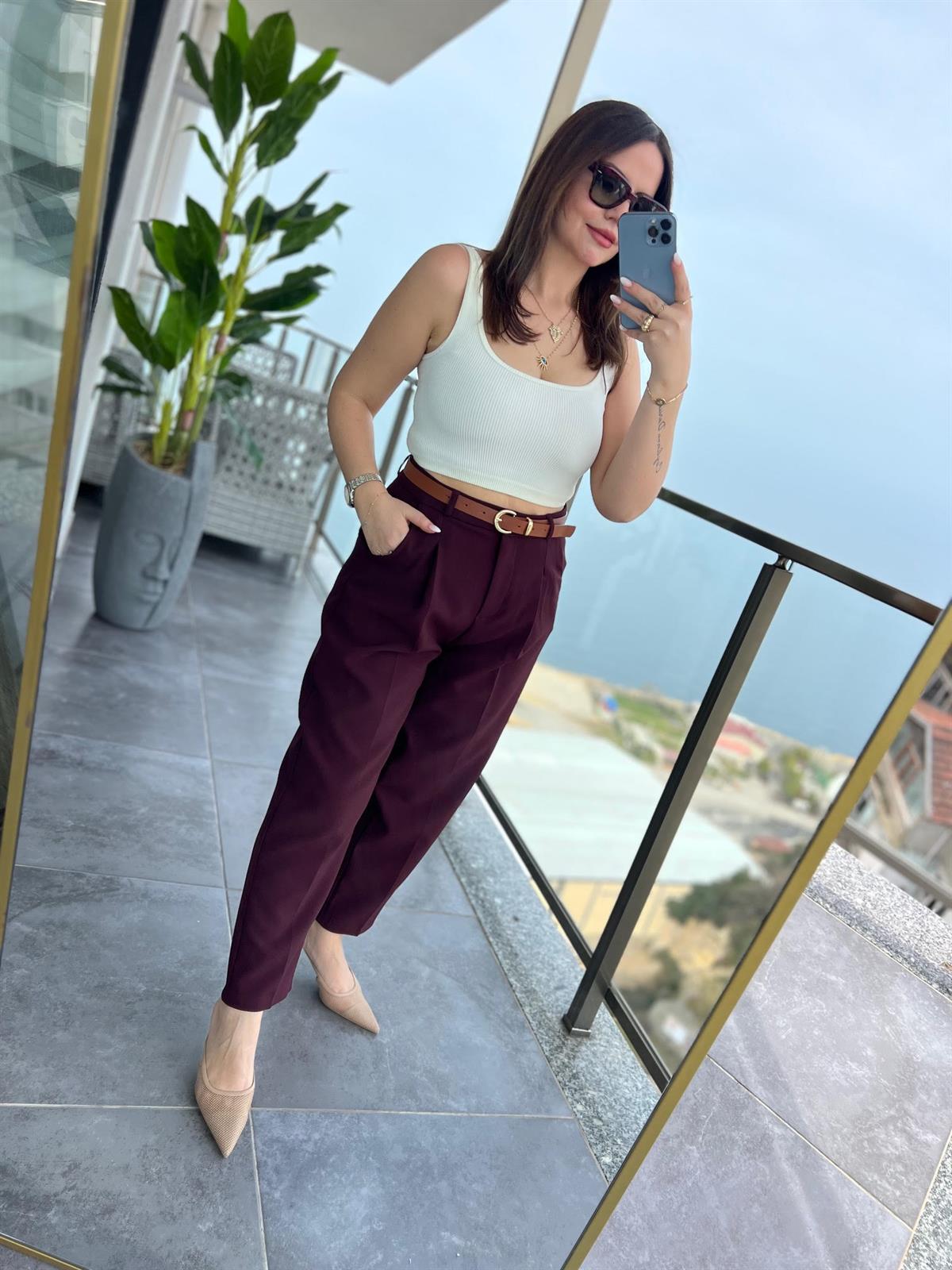 50938 Kemerli Pantalon BORDO