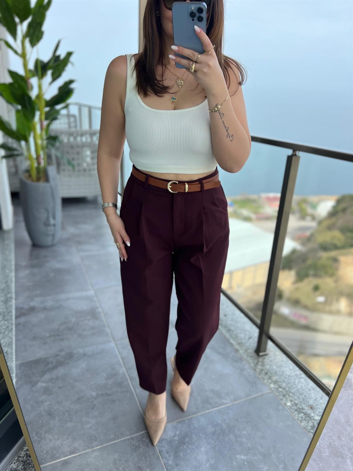 50938 Kemerli Pantalon BORDO