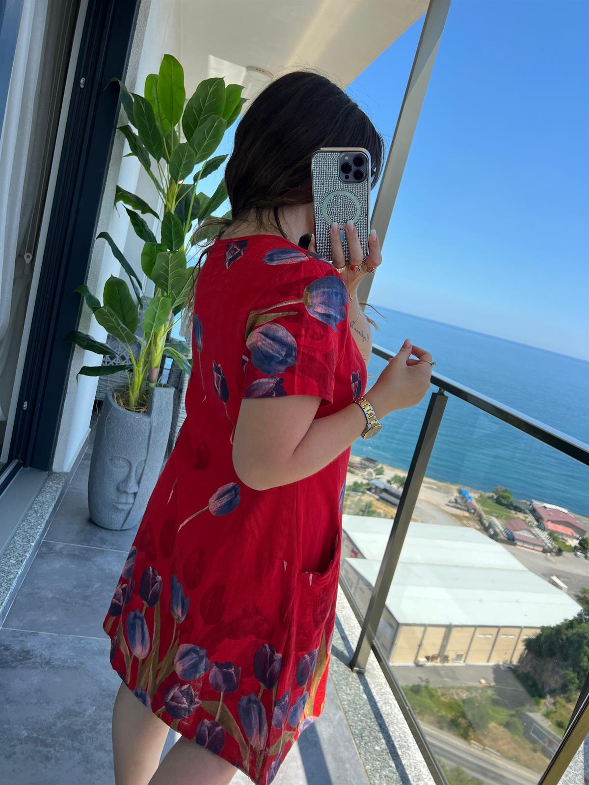 51017 Lale Desen Kısa Elbise KIRMIZI