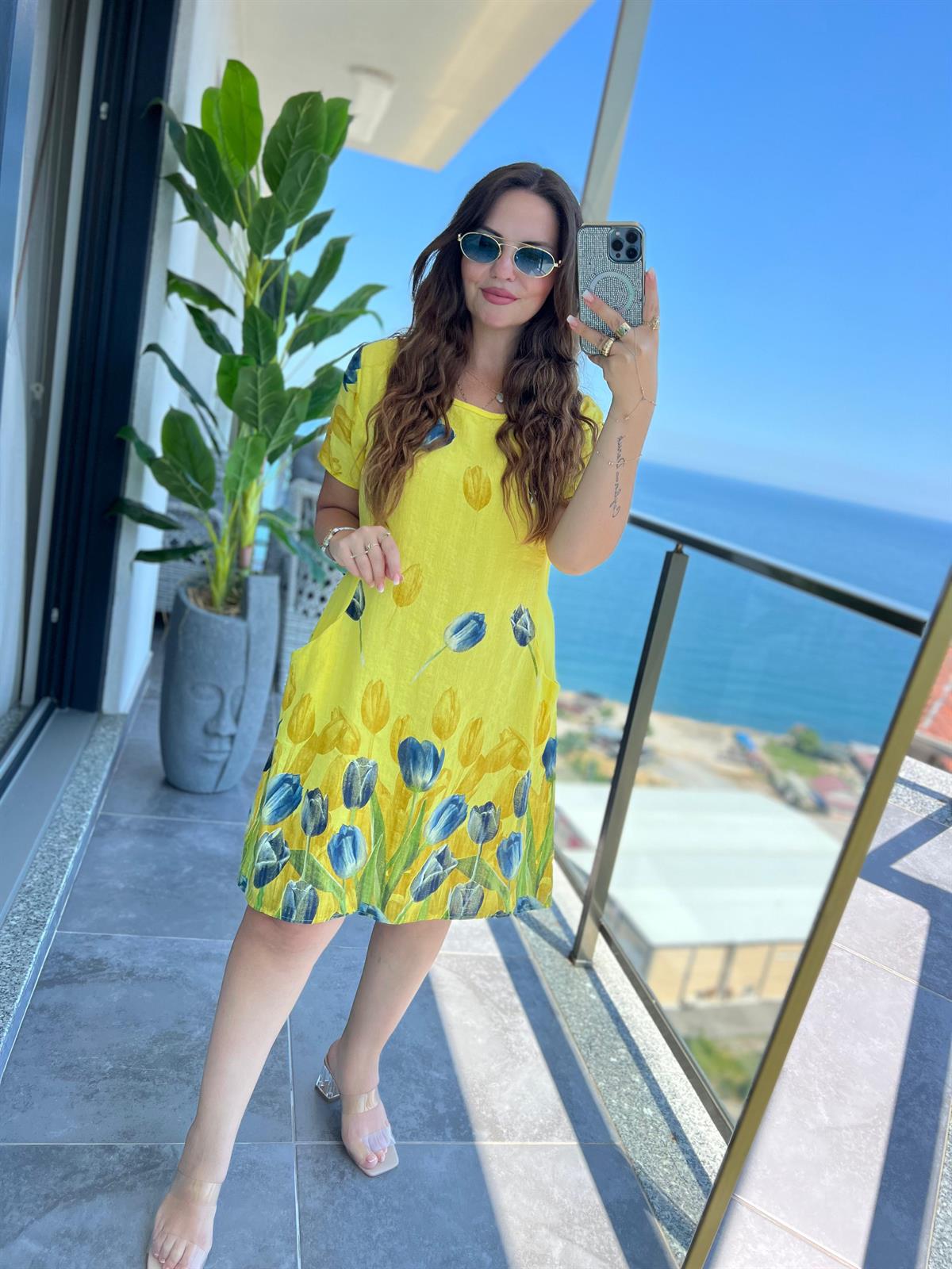 51017 Lale Desen Kısa Elbise SARI