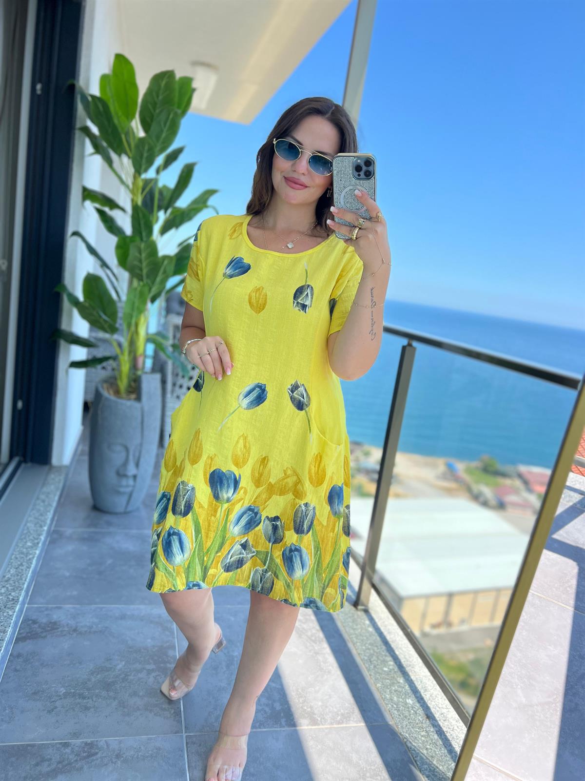 51017 Lale Desen Kısa Elbise SARI