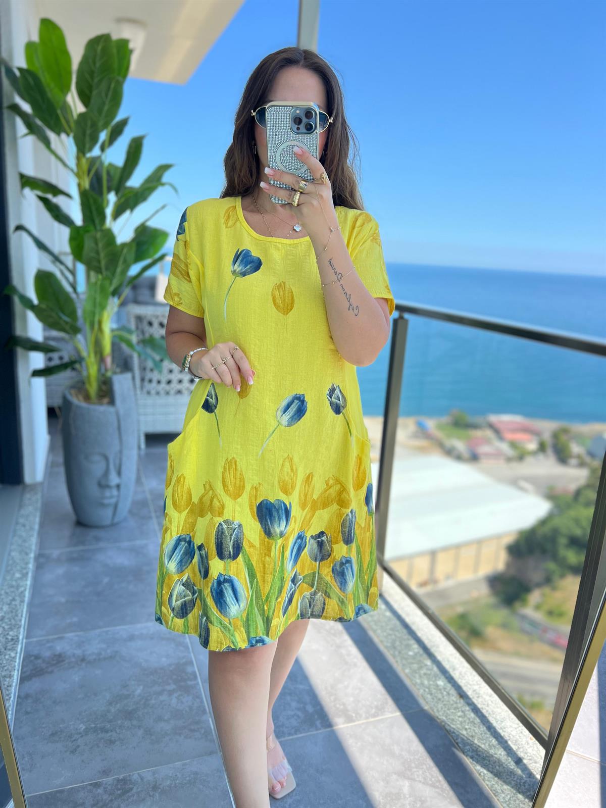 51017 Lale Desen Kısa Elbise SARI