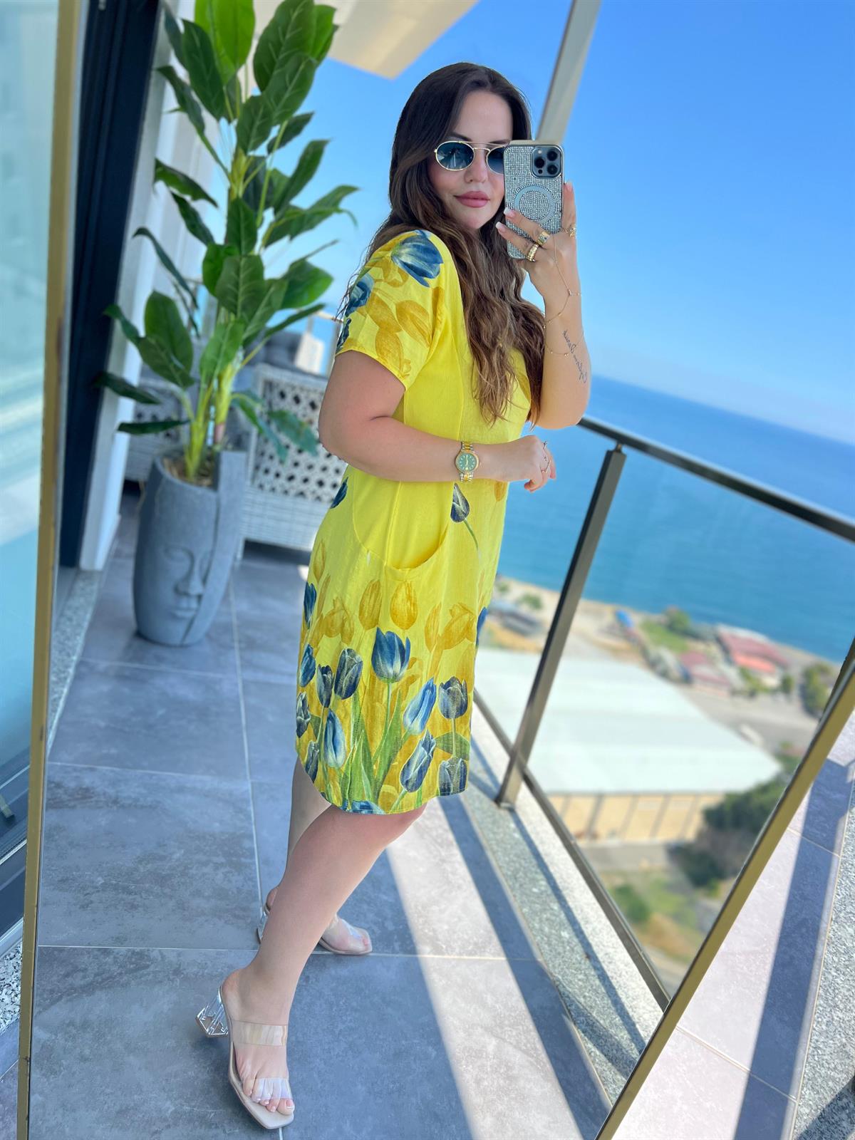 51017 Lale Desen Kısa Elbise SARI