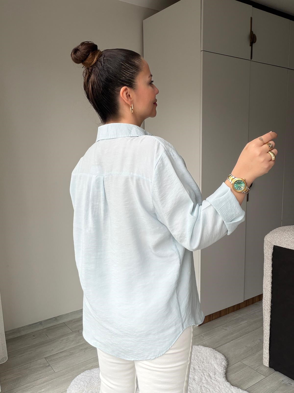 5106 Kedi İşlemeli Gömlek MAVİ
