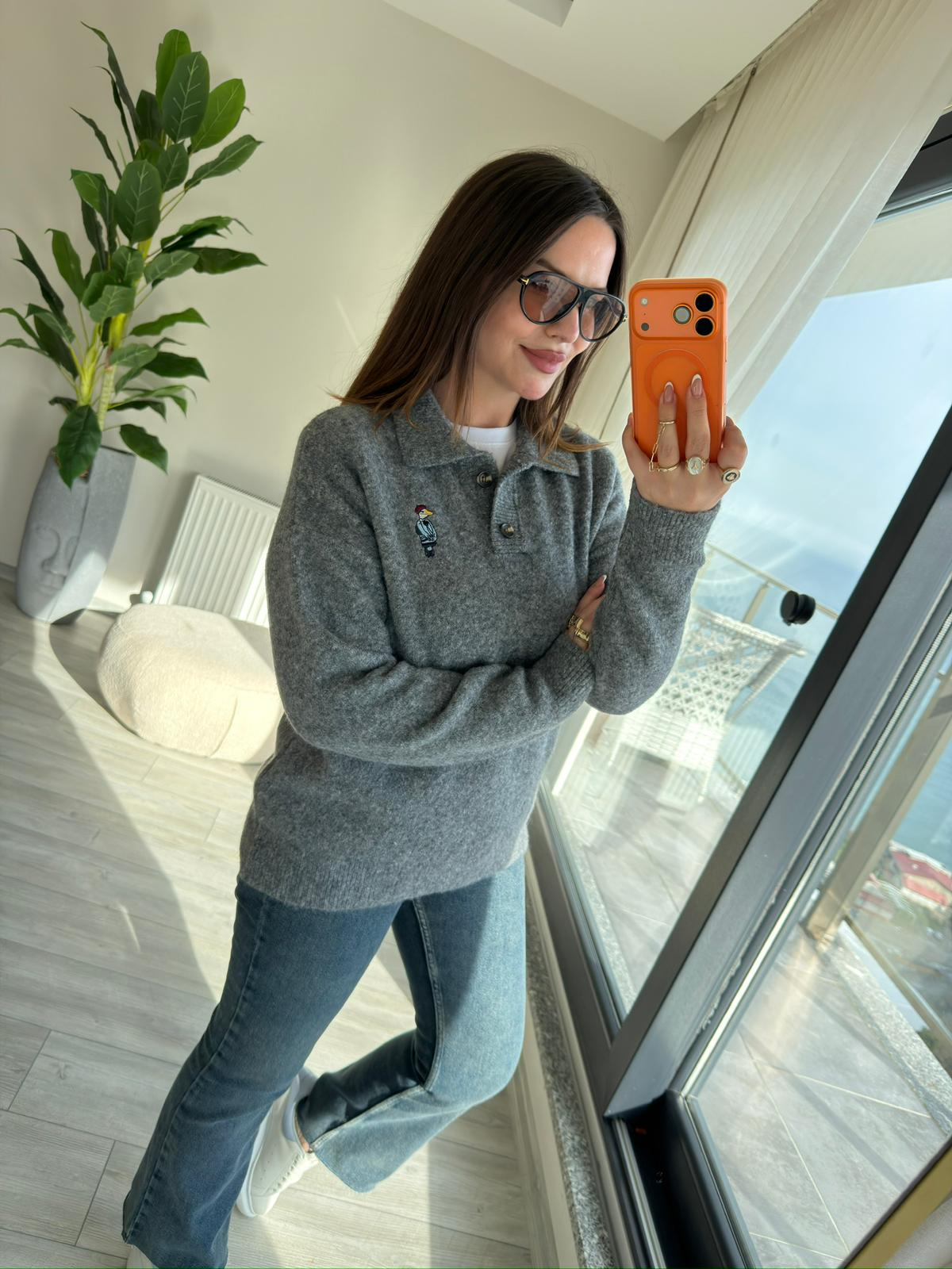 5106 Polo Yaka Düğmeli Kazak ANTRESİT