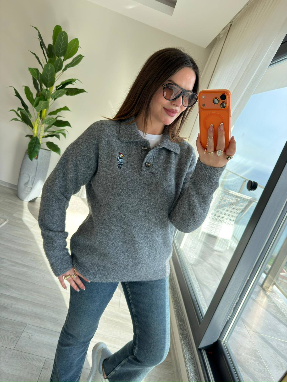 5106 Polo Yaka Düğmeli Kazak ANTRESİT