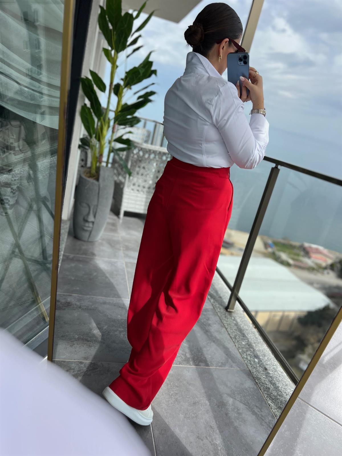 51078 Pileli Palazzo Pantalon KIRMIZI