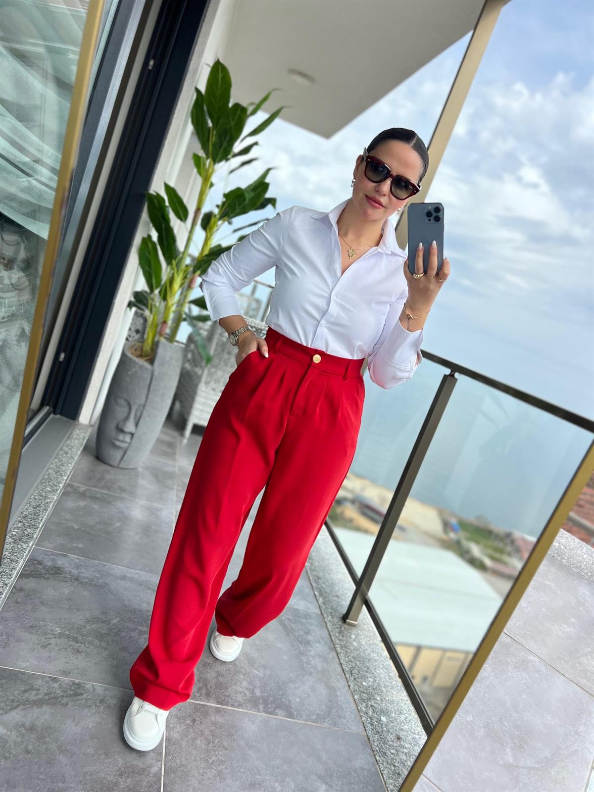 51078 Pileli Palazzo Pantalon KIRMIZI