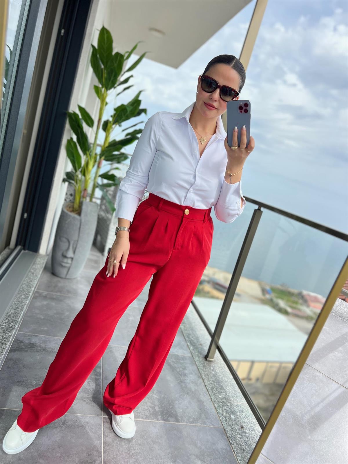 51078 Pileli Palazzo Pantalon KIRMIZI