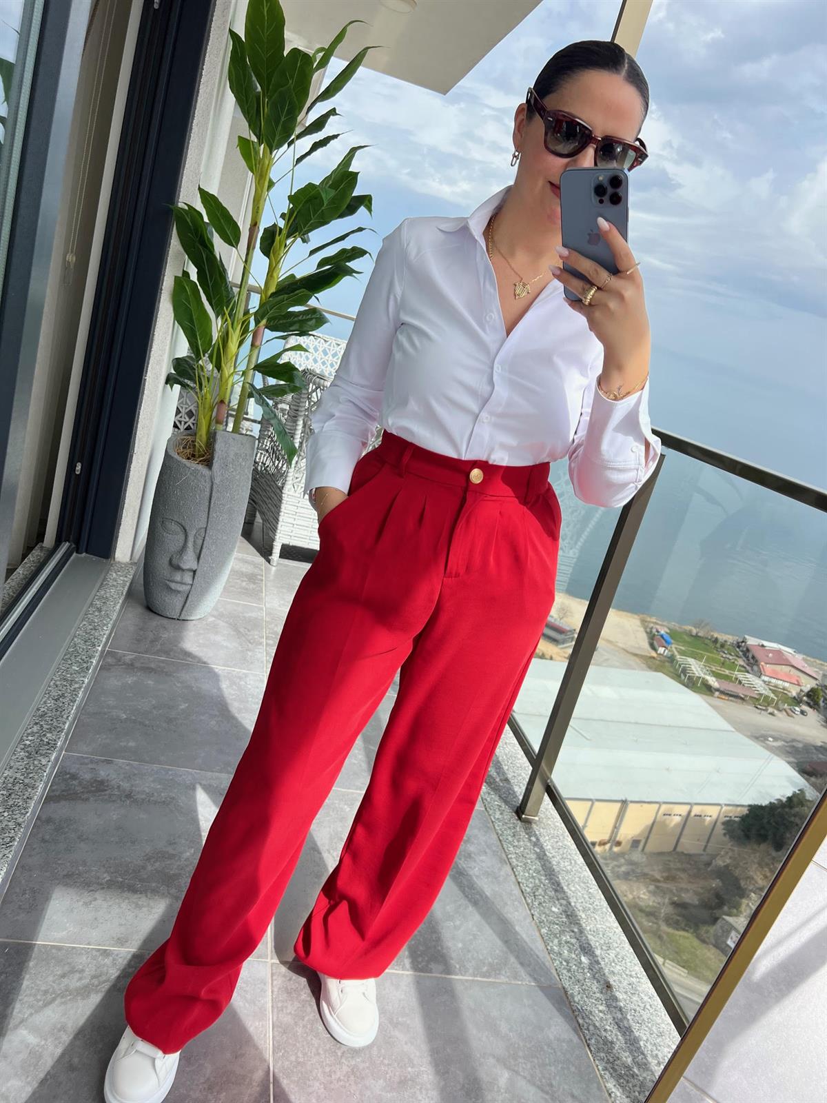 51078 Pileli Palazzo Pantalon KIRMIZI