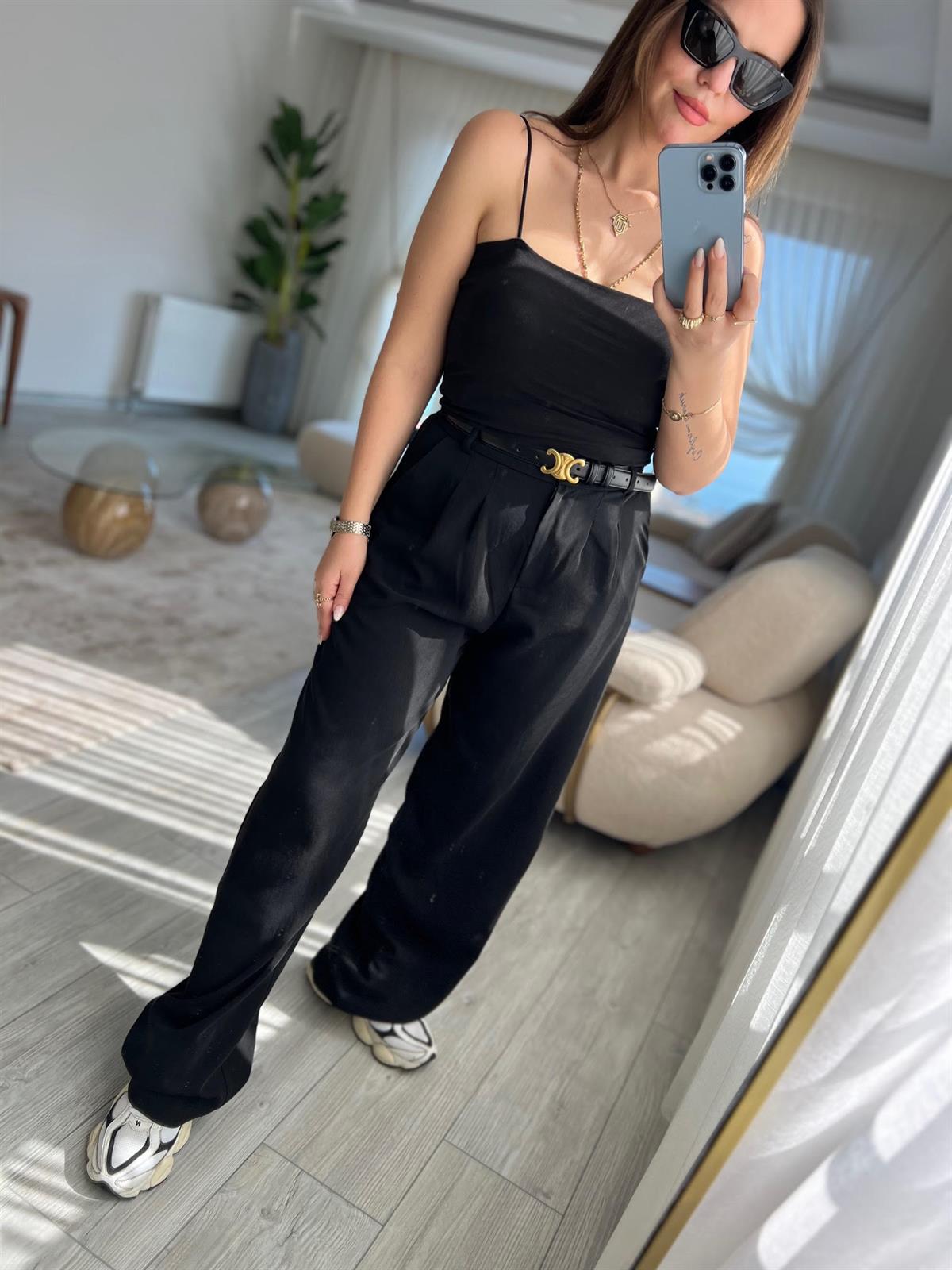 51078 Pileli Palazzo Pantalon SİYAH