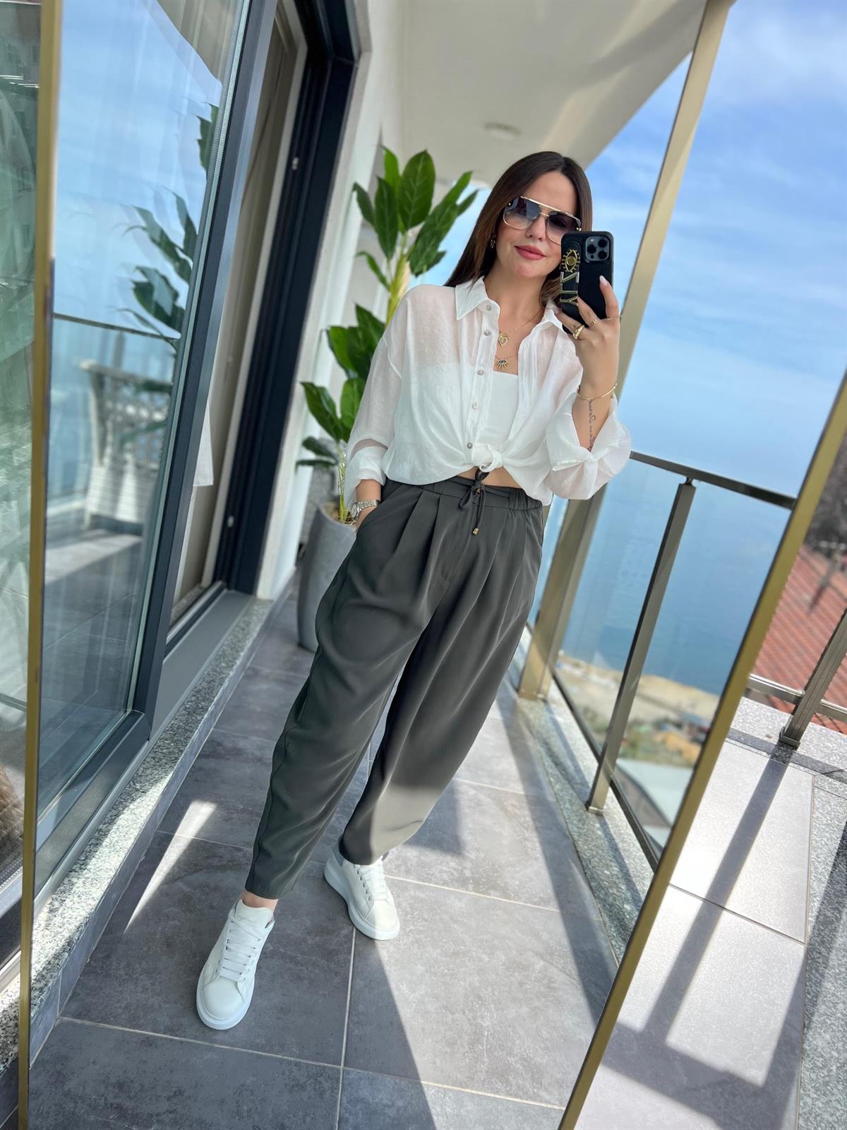 51111 Pileli Pantalon HAKİ YEŞİL