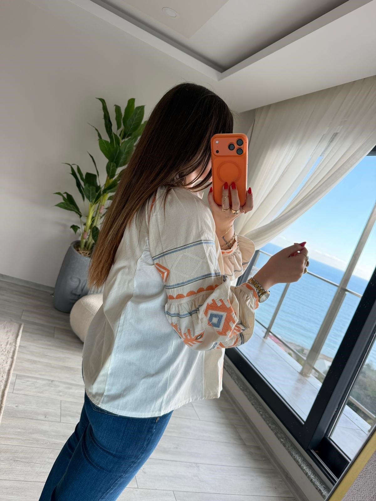 5121 Bağlamalı Nakışlı Gömlek BEJ