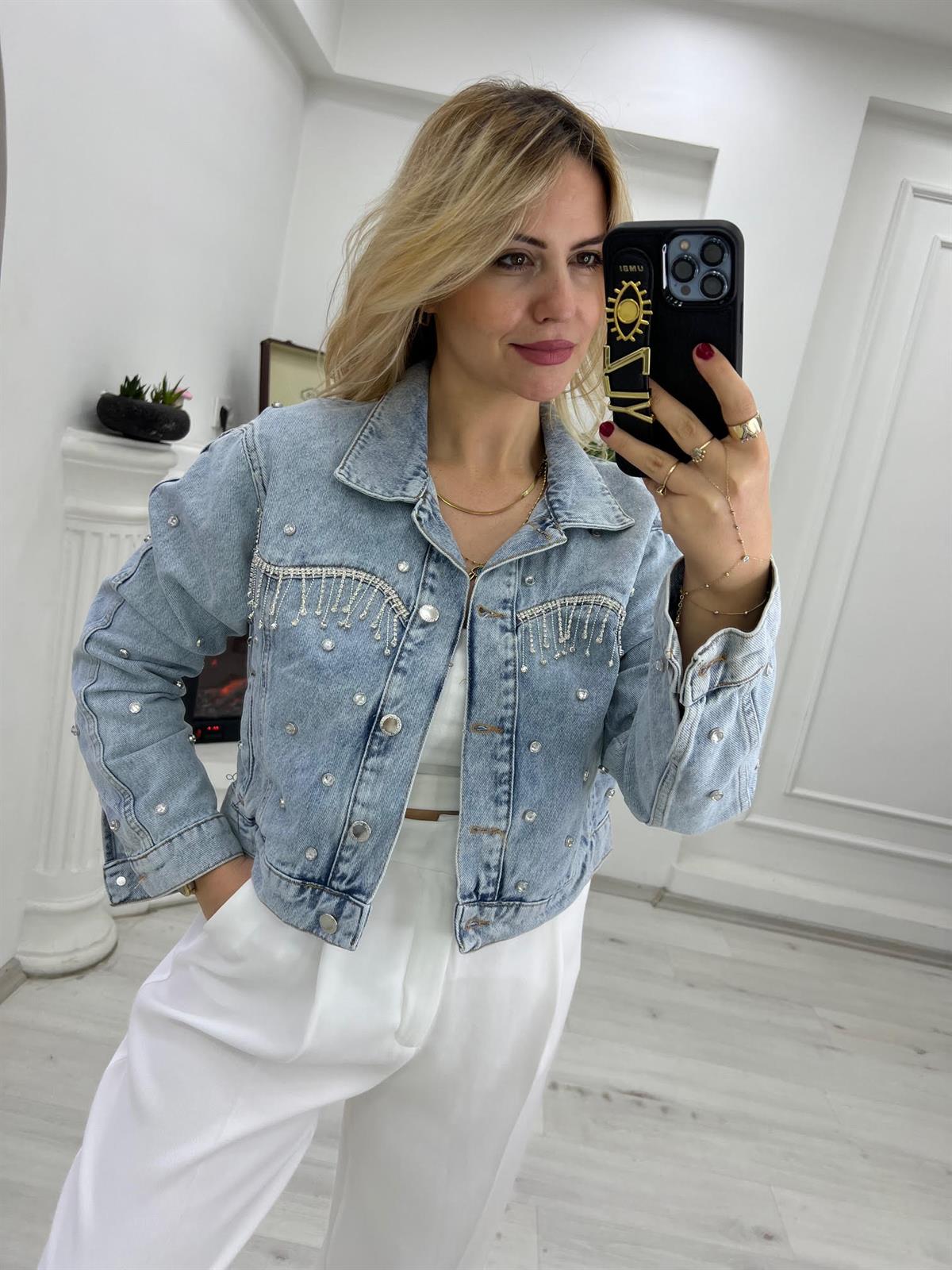 51311 Taşlı Tasarım Kot Ceket MAVİ