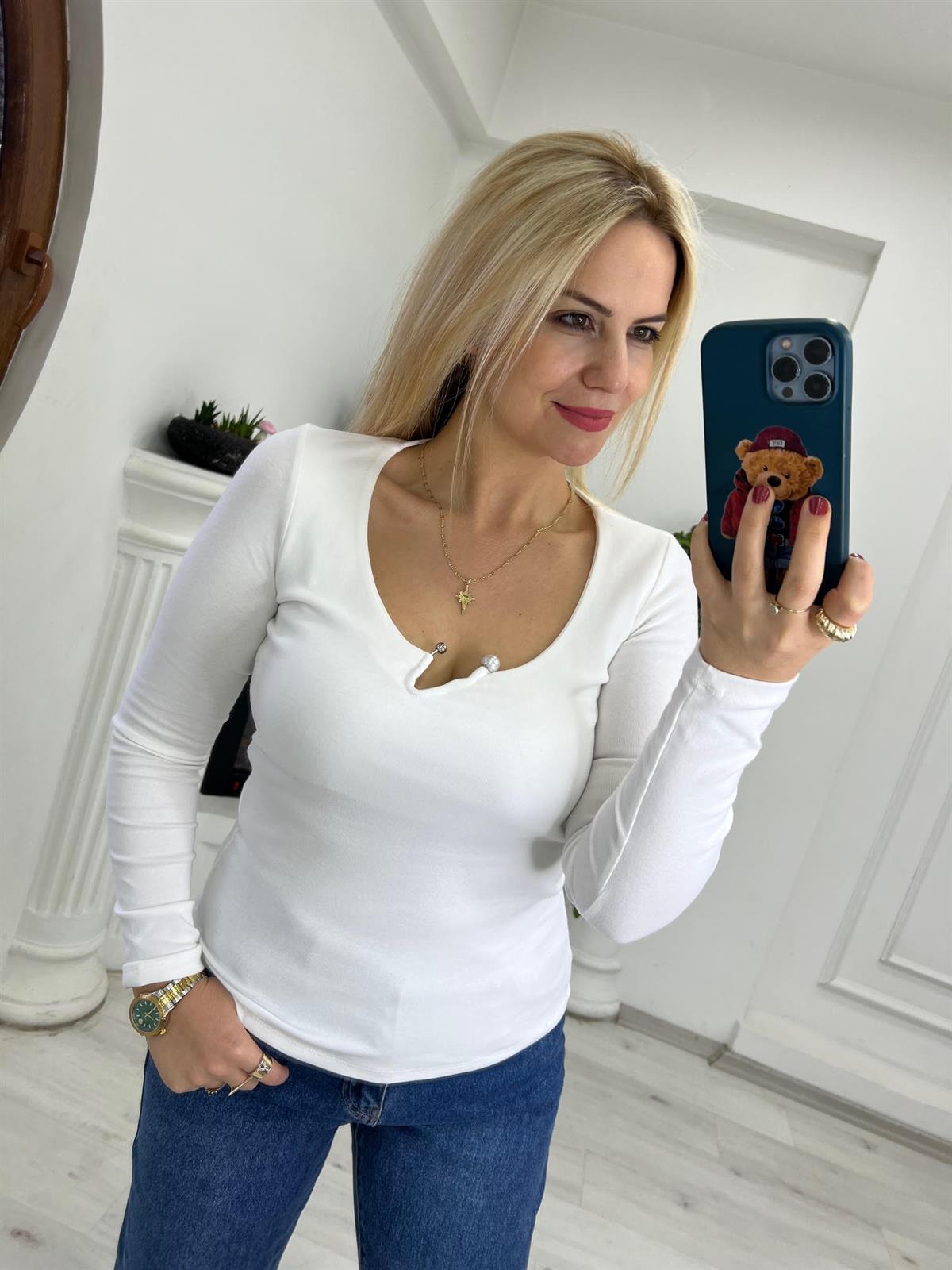 5132 Önü İnci Demirli Bluz BEYAZ