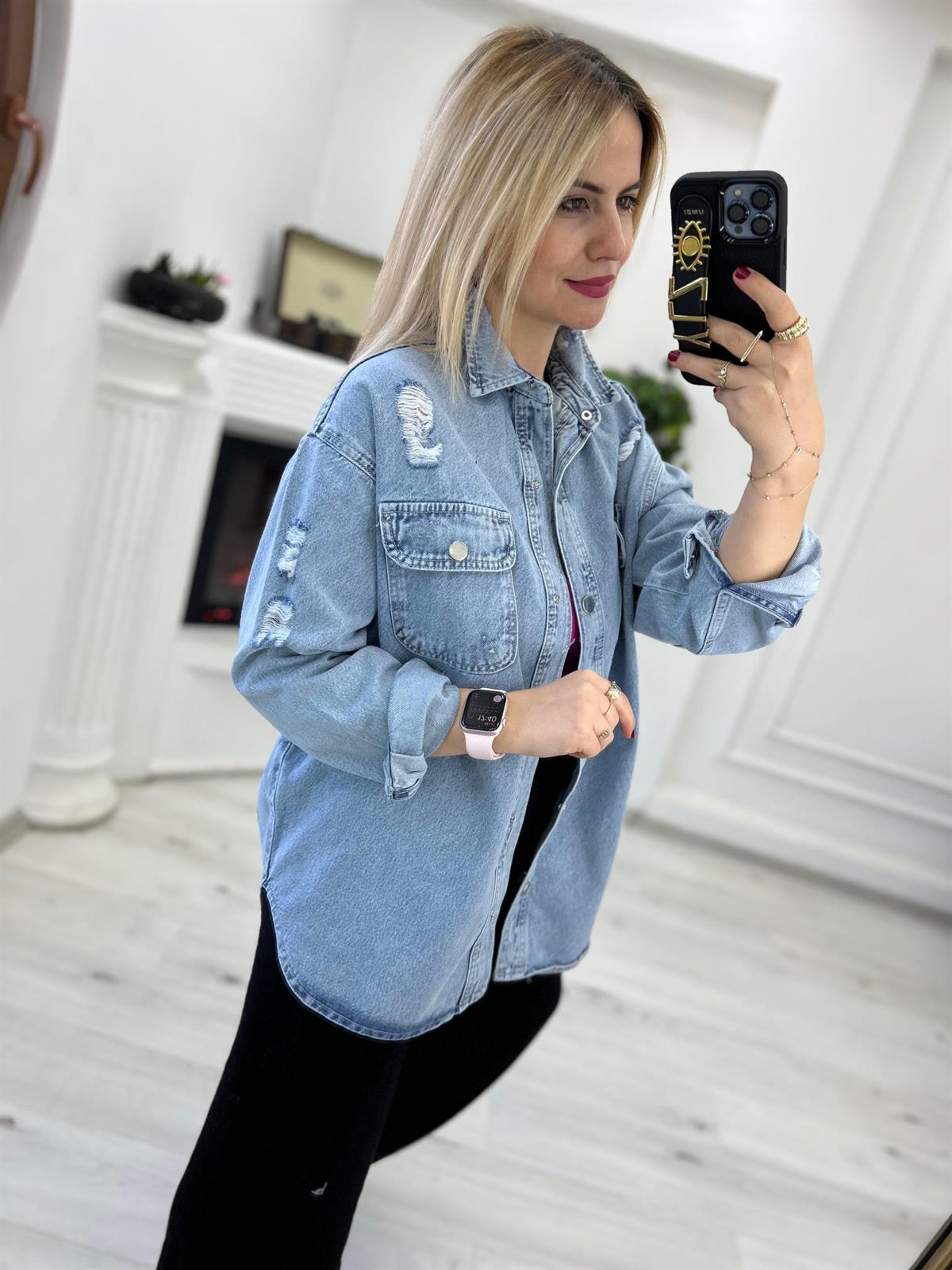 51372 Lazer Kesim Jean Gömlek MAVİ