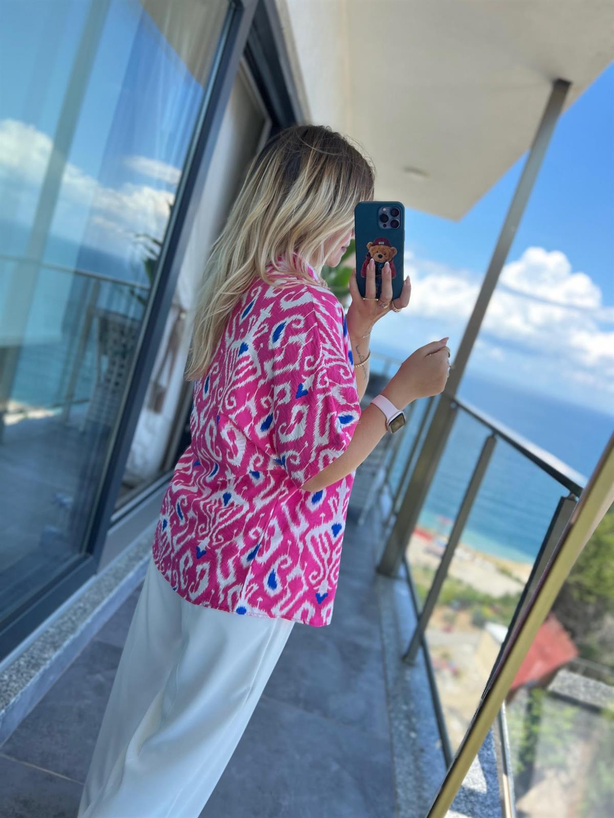 520 Desenli Kısa Kollu Gömlek PEMBE-SAKS