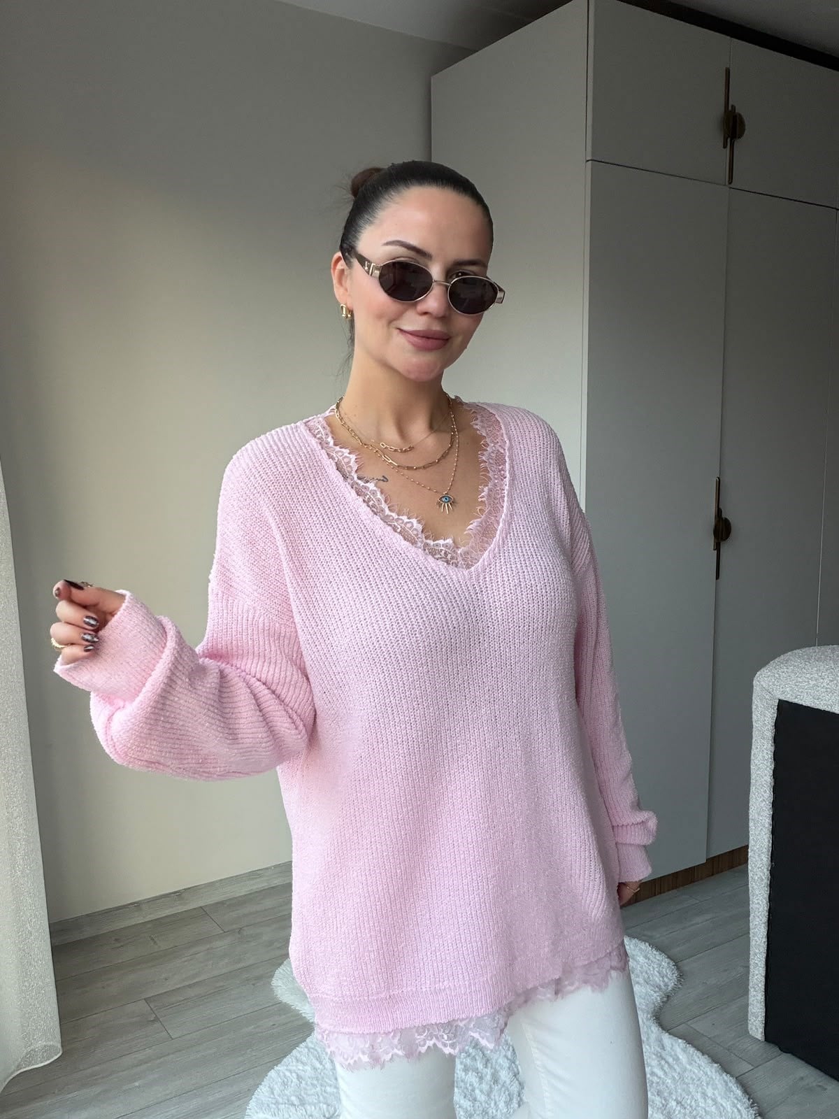 5350 V Yaka Trıko Kazak PEMBE