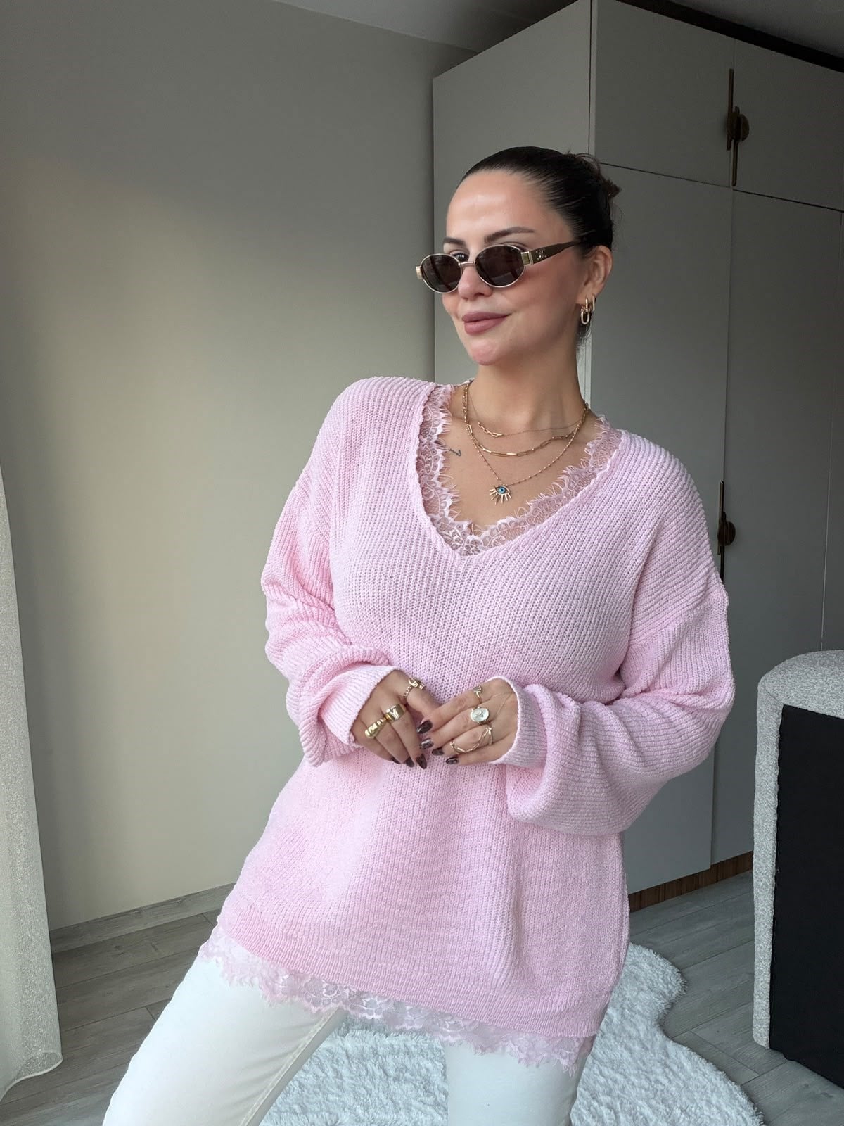 5350 V Yaka Trıko Kazak PEMBE