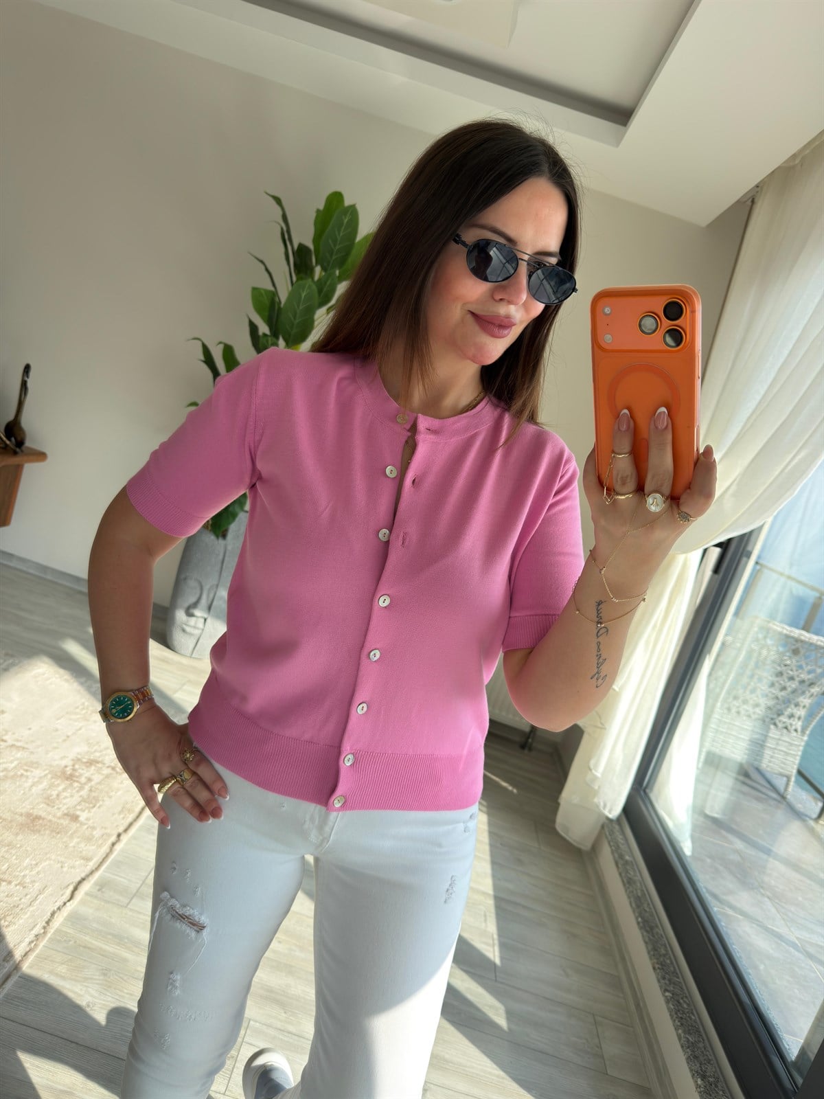 5412 Sedef Düğmeli Kısa Kollu Triko PEMBE