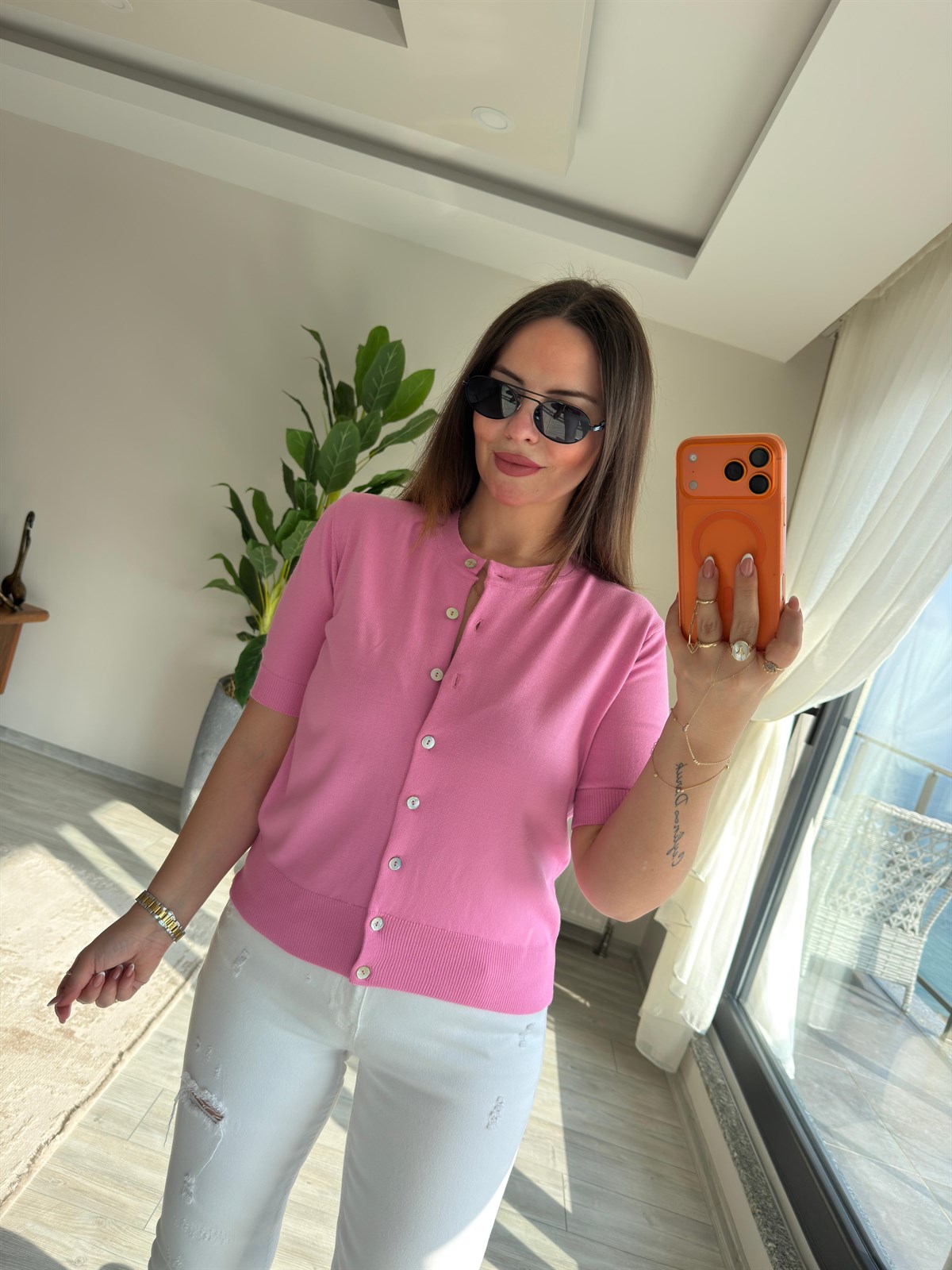 5412 Sedef Düğmeli Kısa Kollu Triko PEMBE