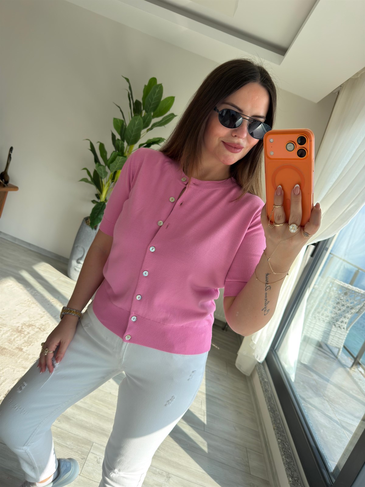 5412 Sedef Düğmeli Kısa Kollu Triko PEMBE