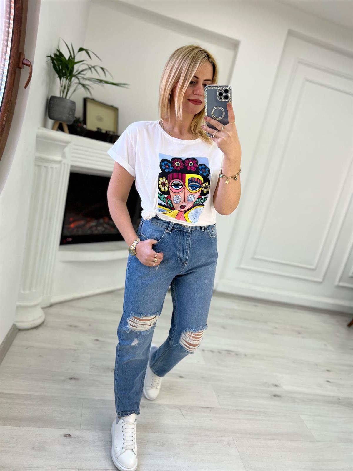 5450 Yüksek Bel Yırtık Mom Jean MAVİ