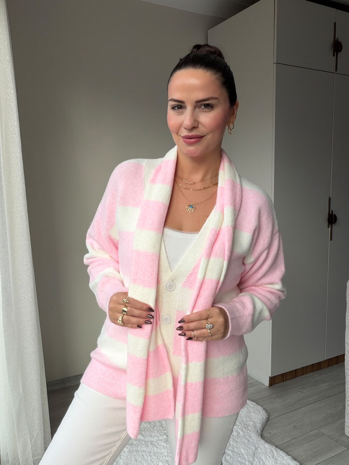 5516 Çizgi Detay Atkılı Hırka PEMBE