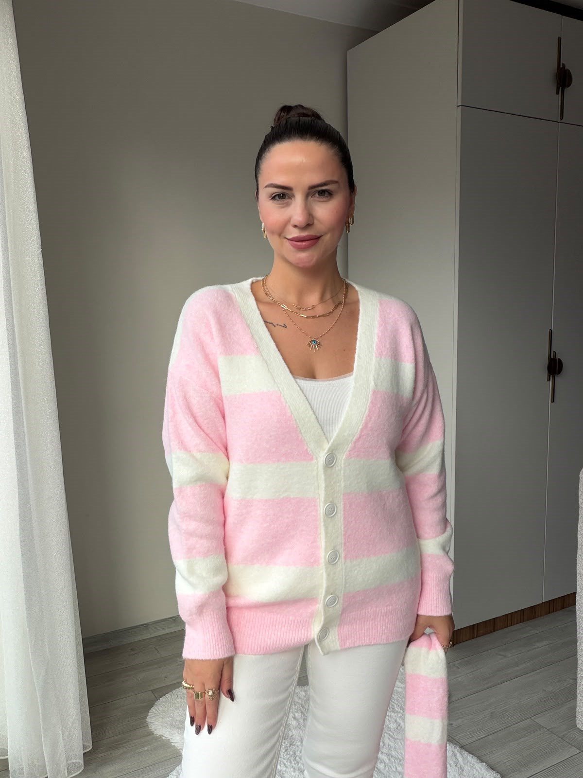 5516 Çizgi Detay Atkılı Hırka PEMBE