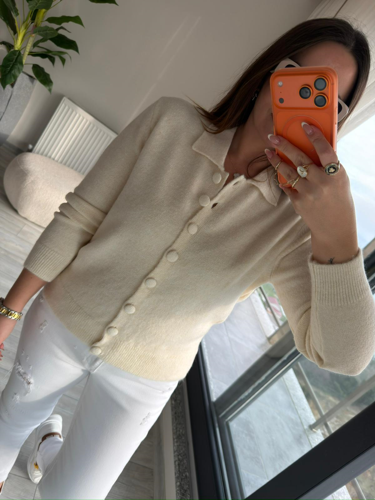 5727 Polo Yaka Triko Hırka KEMİK