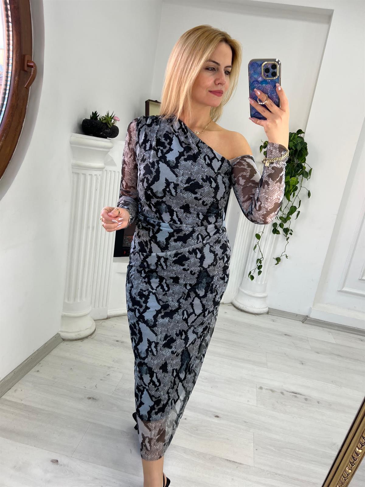 58605 Omuz Detay Tül Elbise FÜME