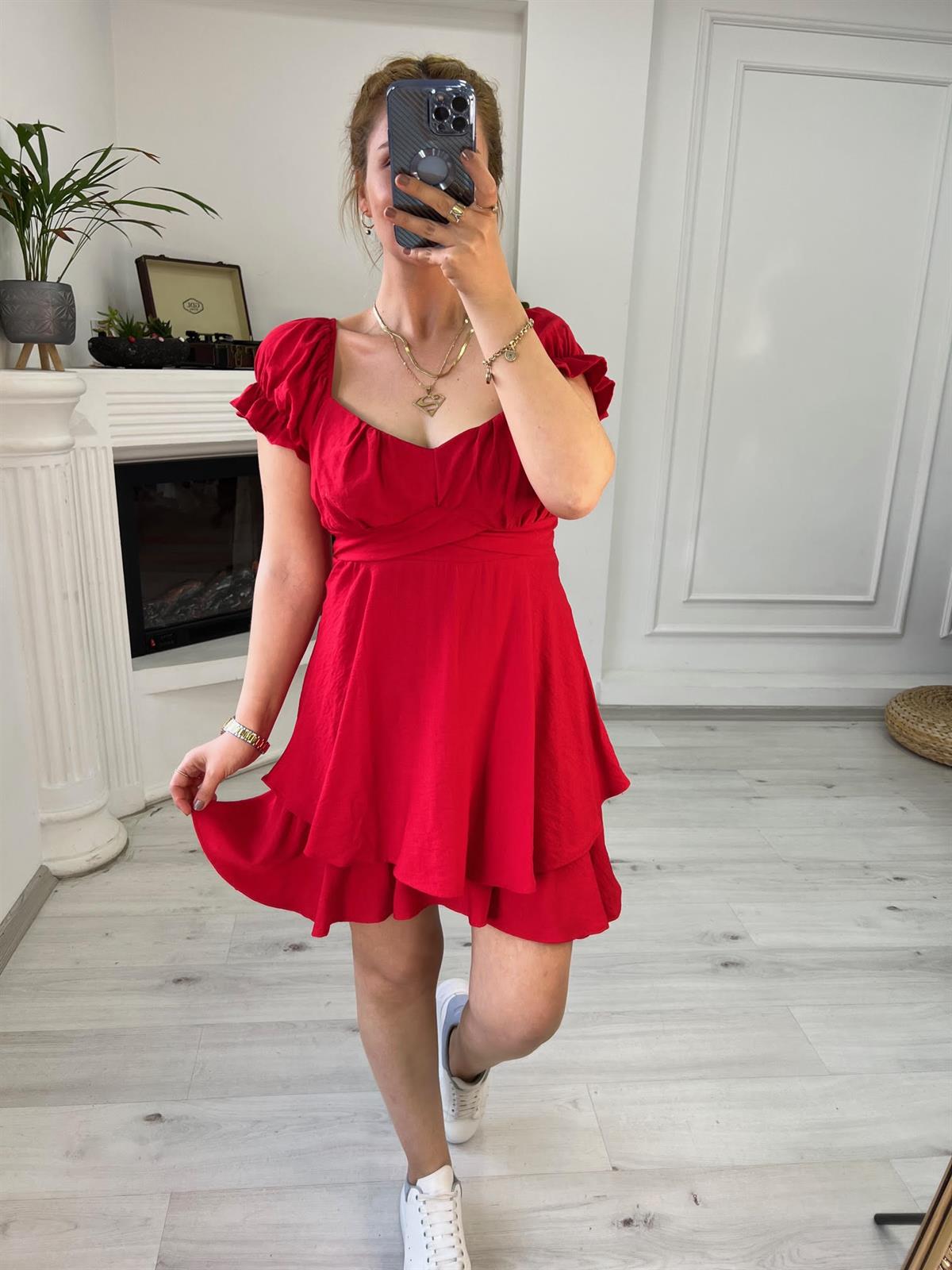 5880 Pile Detay Keten Midi Elbise KIRMIZI