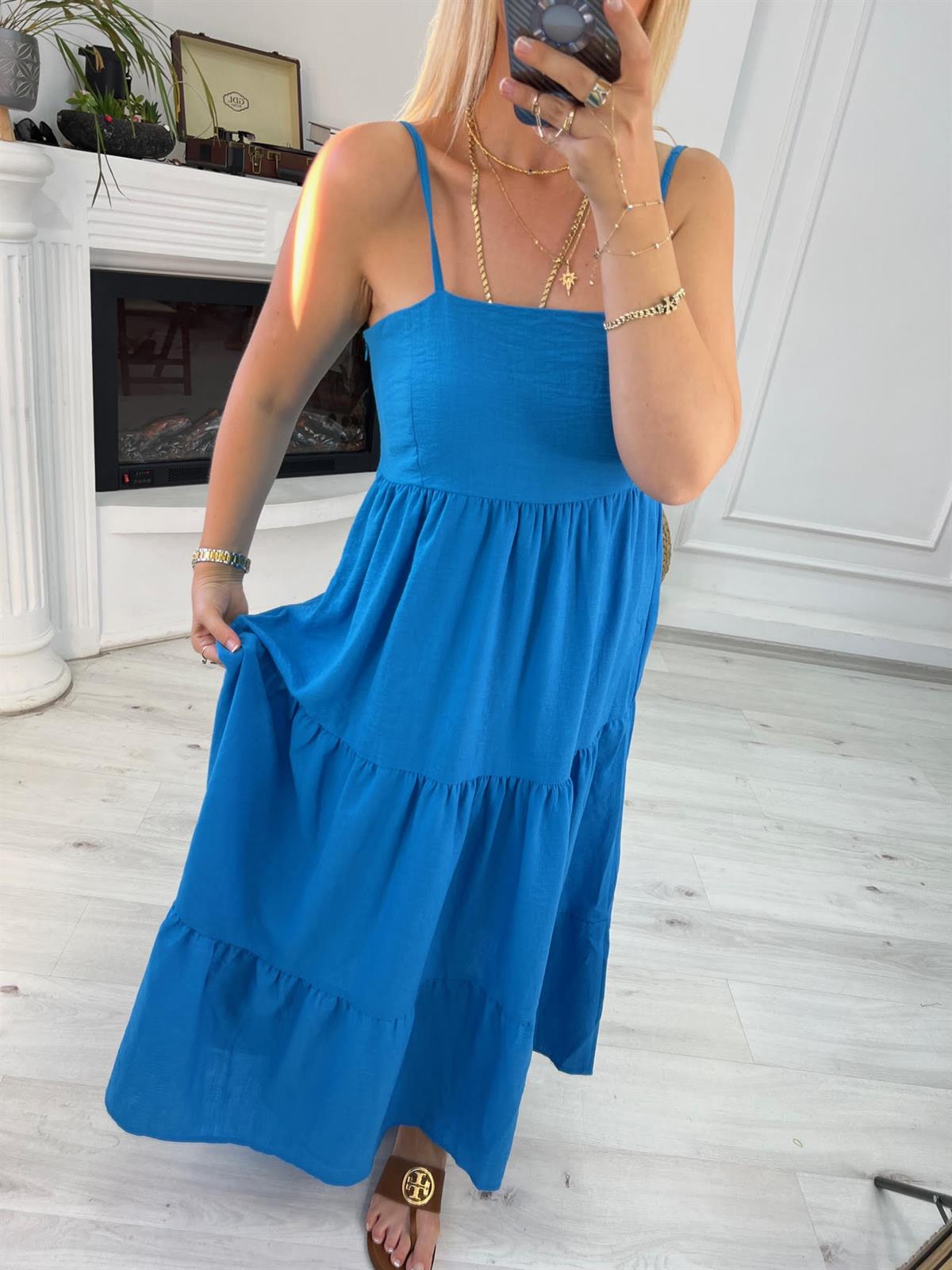 5901 İp Askılı Keten Elbise MAVİ