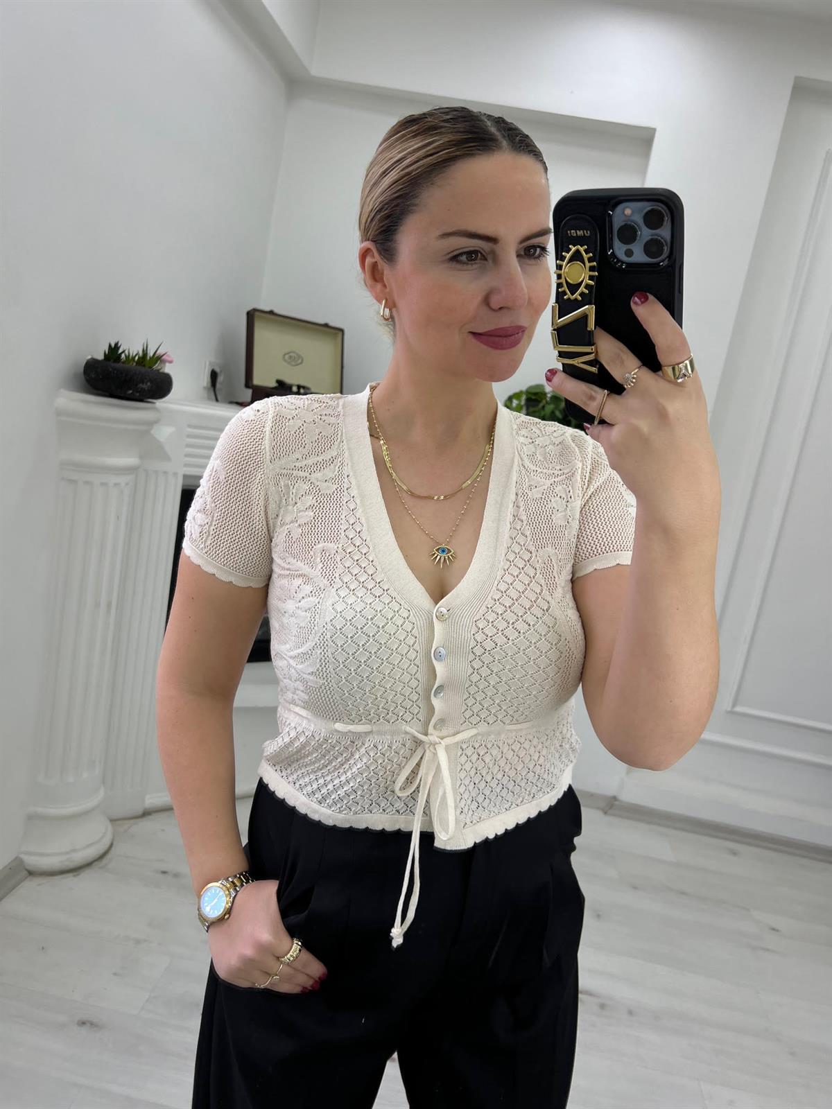 60221 V Yaka Ajurlu Triko Hırka EKRU